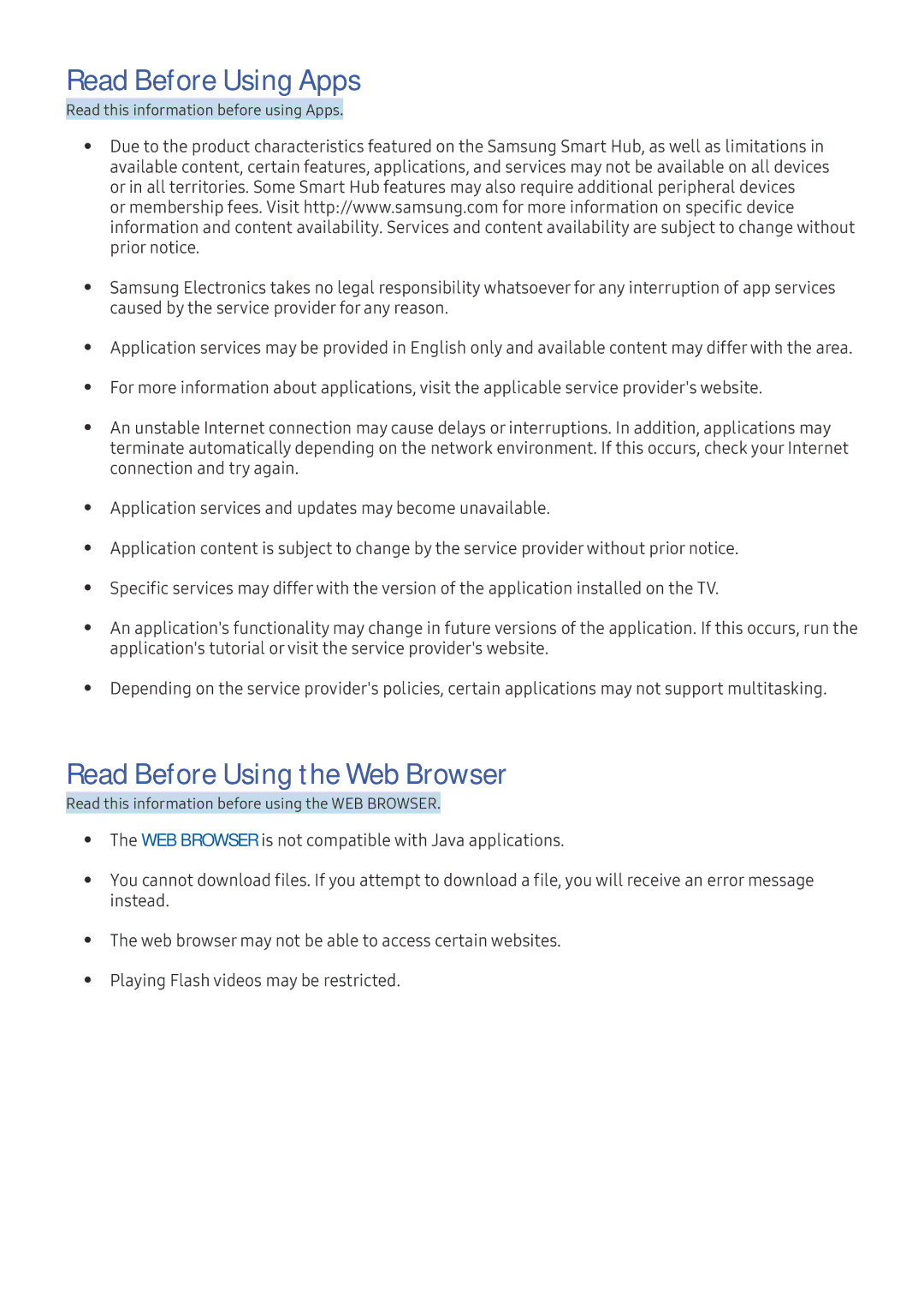 Samsung UE49K6370SUXXC, UE40K6379SUXZG, UE40K5659SUXZG manual Read Before Using Apps, Read Before Using the Web Browser 