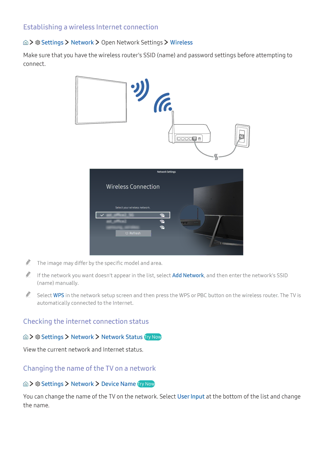 Samsung UE32K5579SUXZG manual Establishing a wireless Internet connection, Checking the internet connection status 