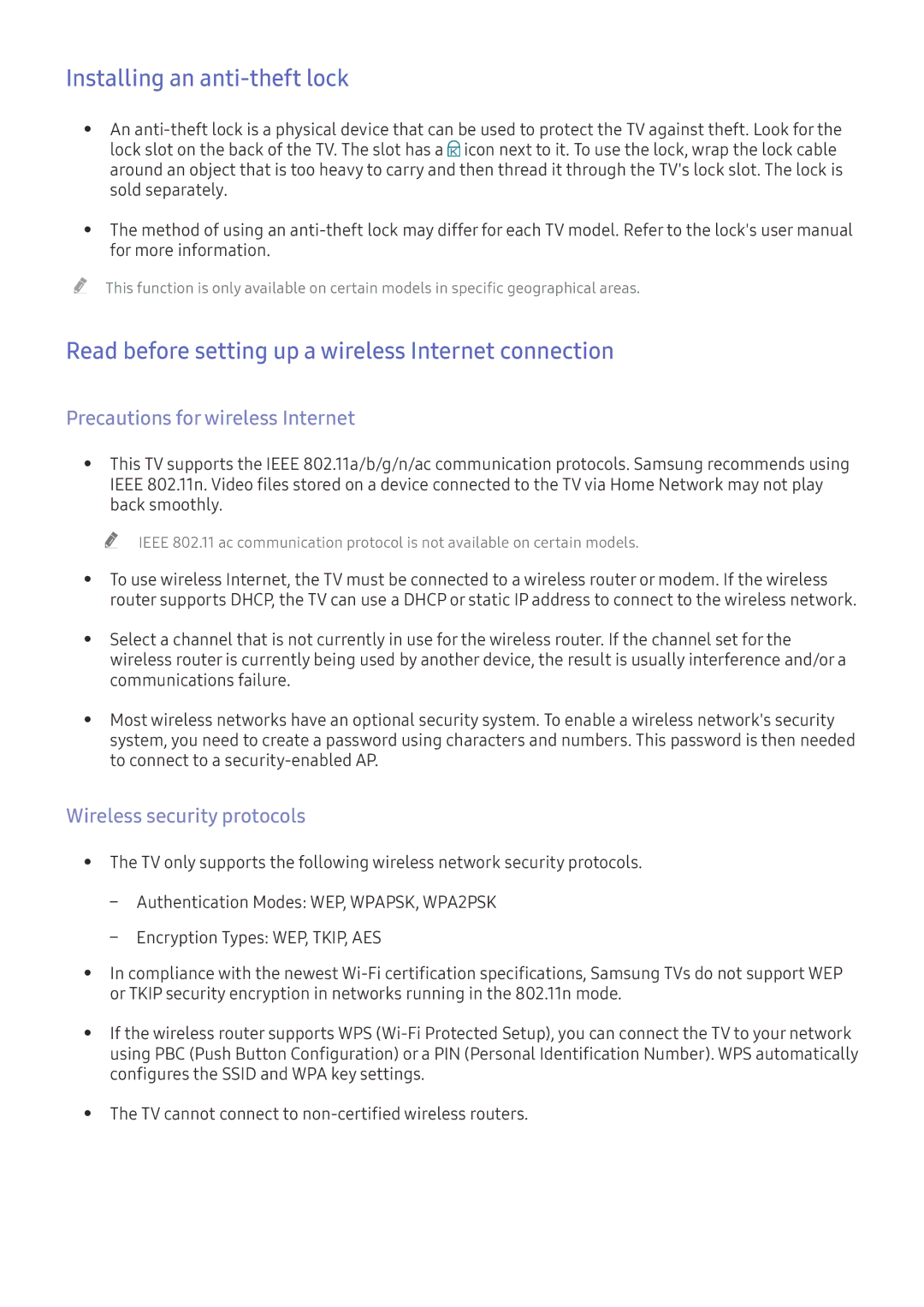 Samsung UE55K5500AKXXC manual Installing an anti-theft lock, Read before setting up a wireless Internet connection 