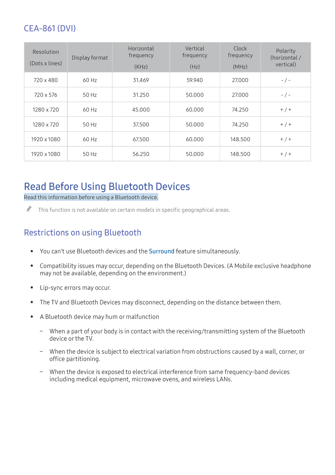 Samsung UE49K5500AKXXC, UE40K6379SUXZG Read Before Using Bluetooth Devices, CEA-861 DVI, Restrictions on using Bluetooth 