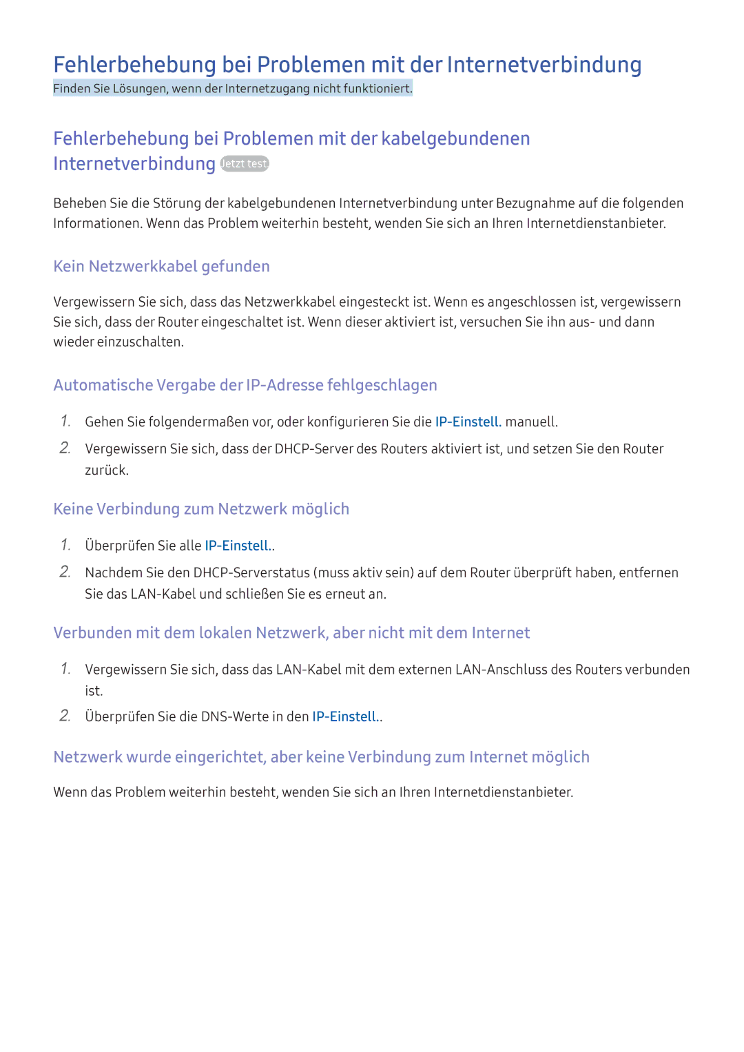 Samsung UE49K5679SUXZG manual Fehlerbehebung bei Problemen mit der Internetverbindung, Kein Netzwerkkabel gefunden 