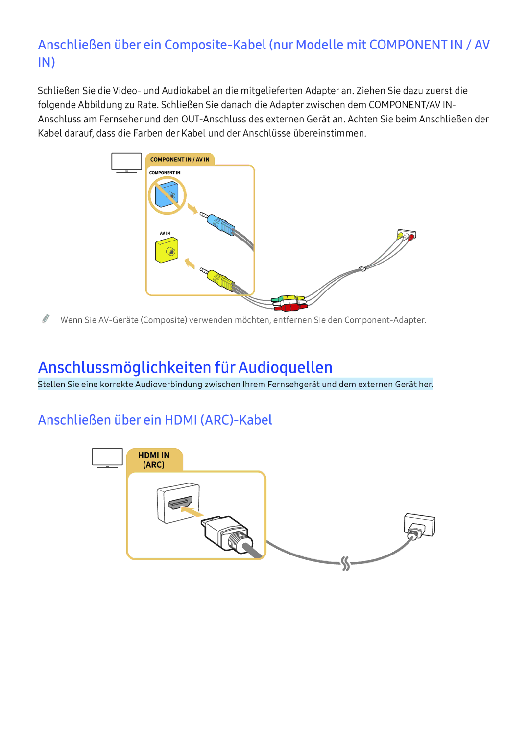 Samsung UE55K6379SUXZG, UE40K6379SUXZG manual Anschlussmöglichkeiten für Audioquellen, Anschließen über ein Hdmi ARC-Kabel 