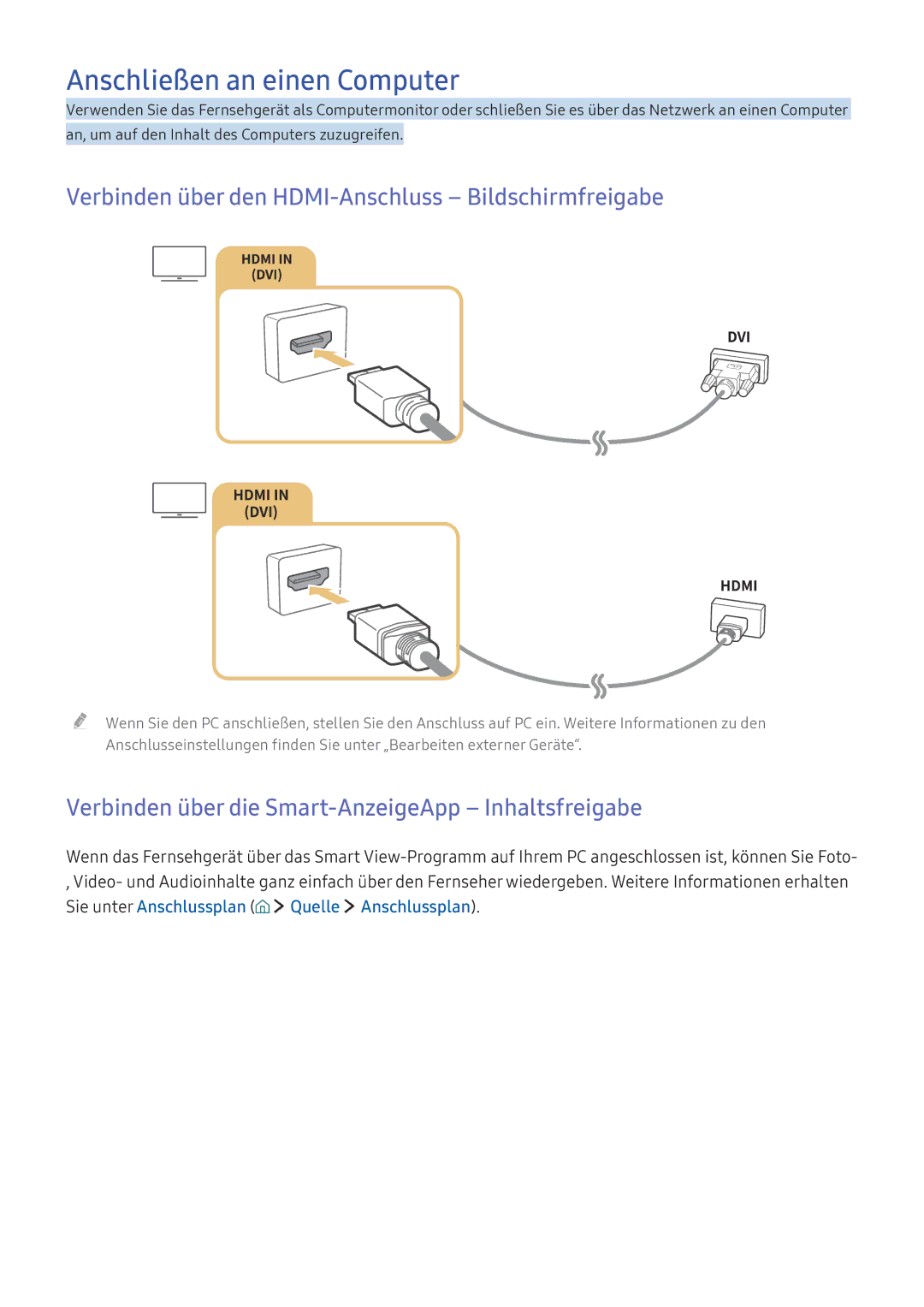 Samsung UE55K5179SSXZG, UE40K6379SUXZG Anschließen an einen Computer, Verbinden über den HDMI-Anschluss Bildschirmfreigabe 