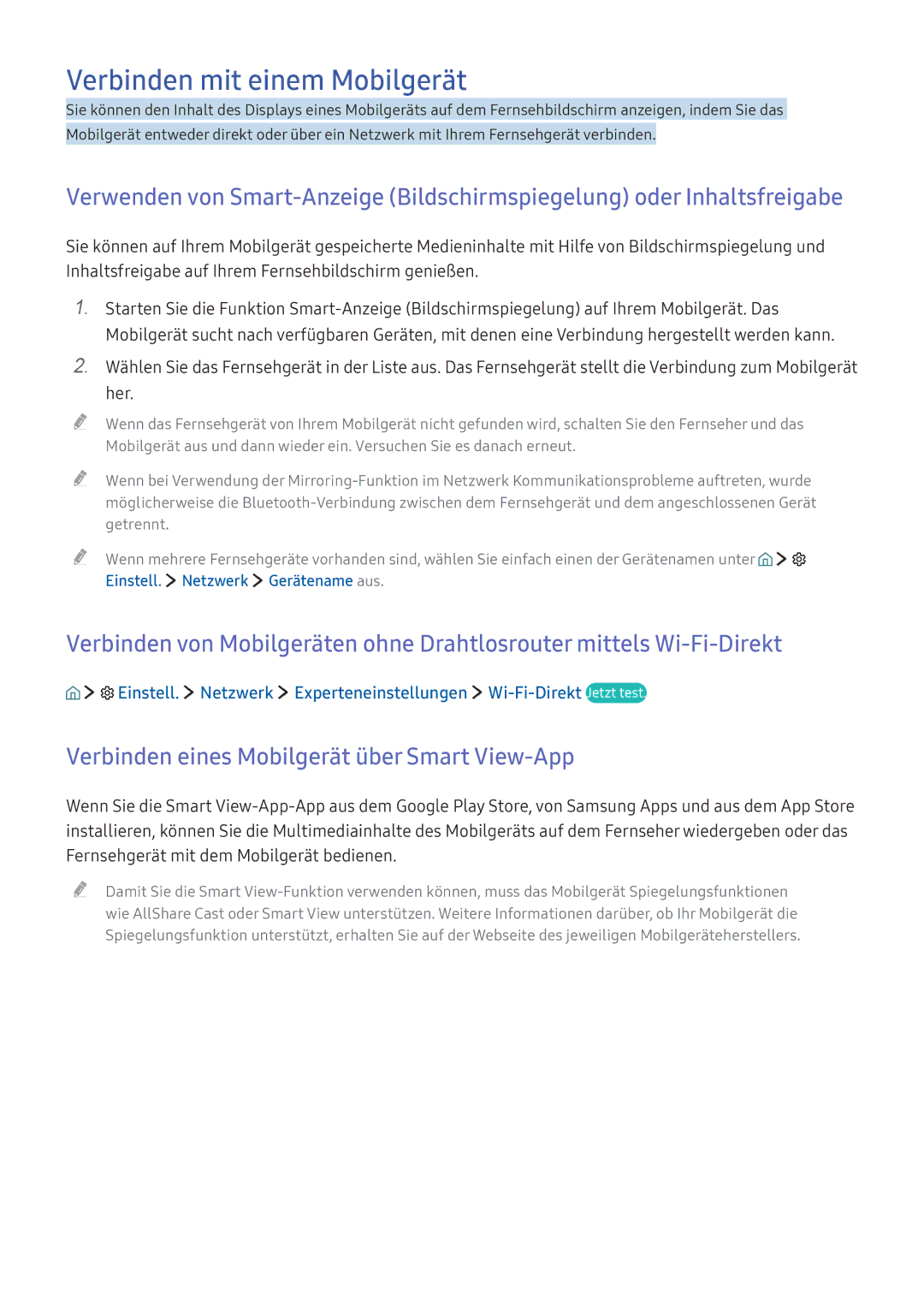 Samsung UE49K6379SUXZG, UE40K6379SUXZG manual Verbinden mit einem Mobilgerät, Verbinden eines Mobilgerät über Smart View-App 