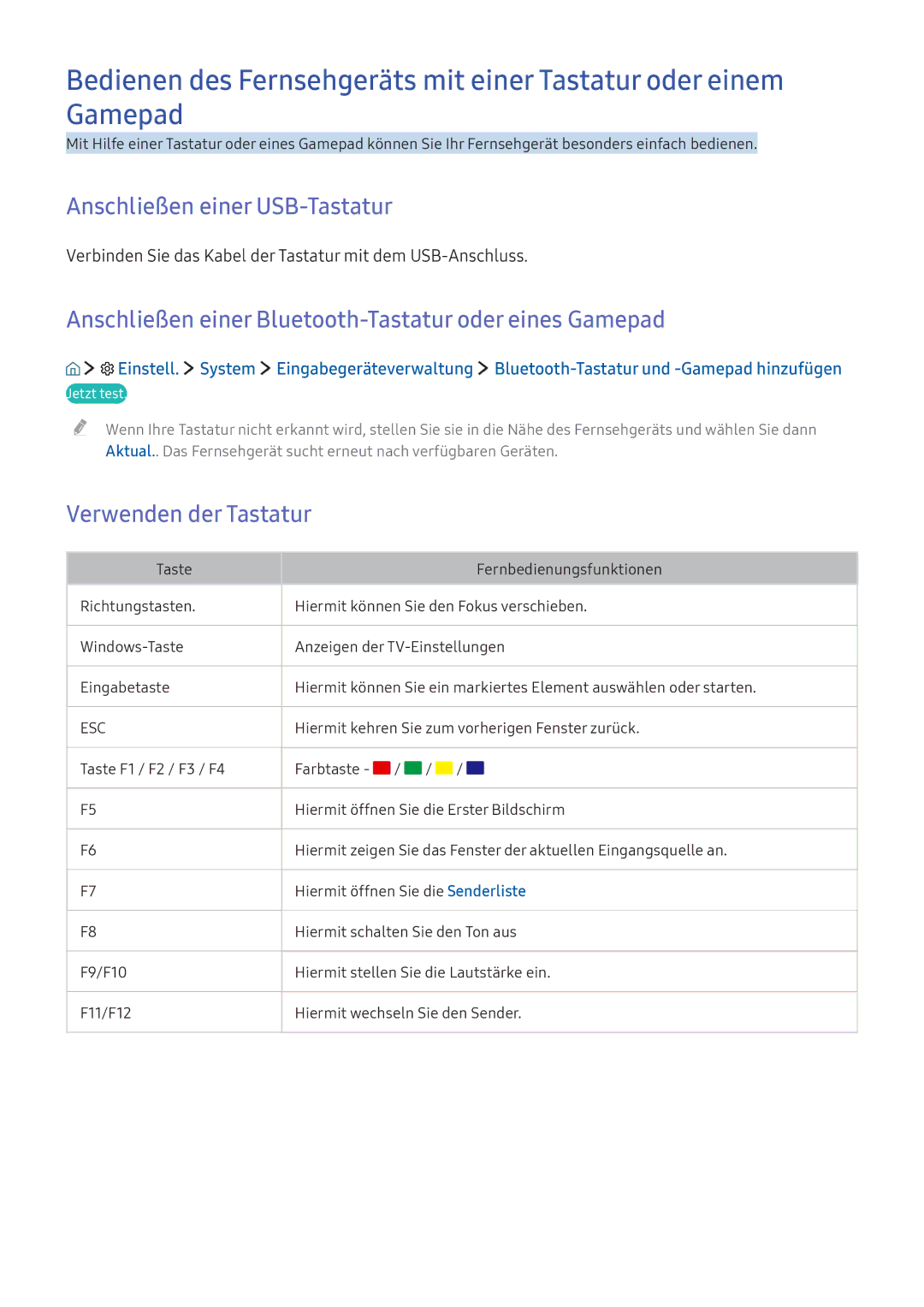 Samsung UE49K5510AWXXH manual Anschließen einer USB-Tastatur, Anschließen einer Bluetooth-Tastatur oder eines Gamepad 