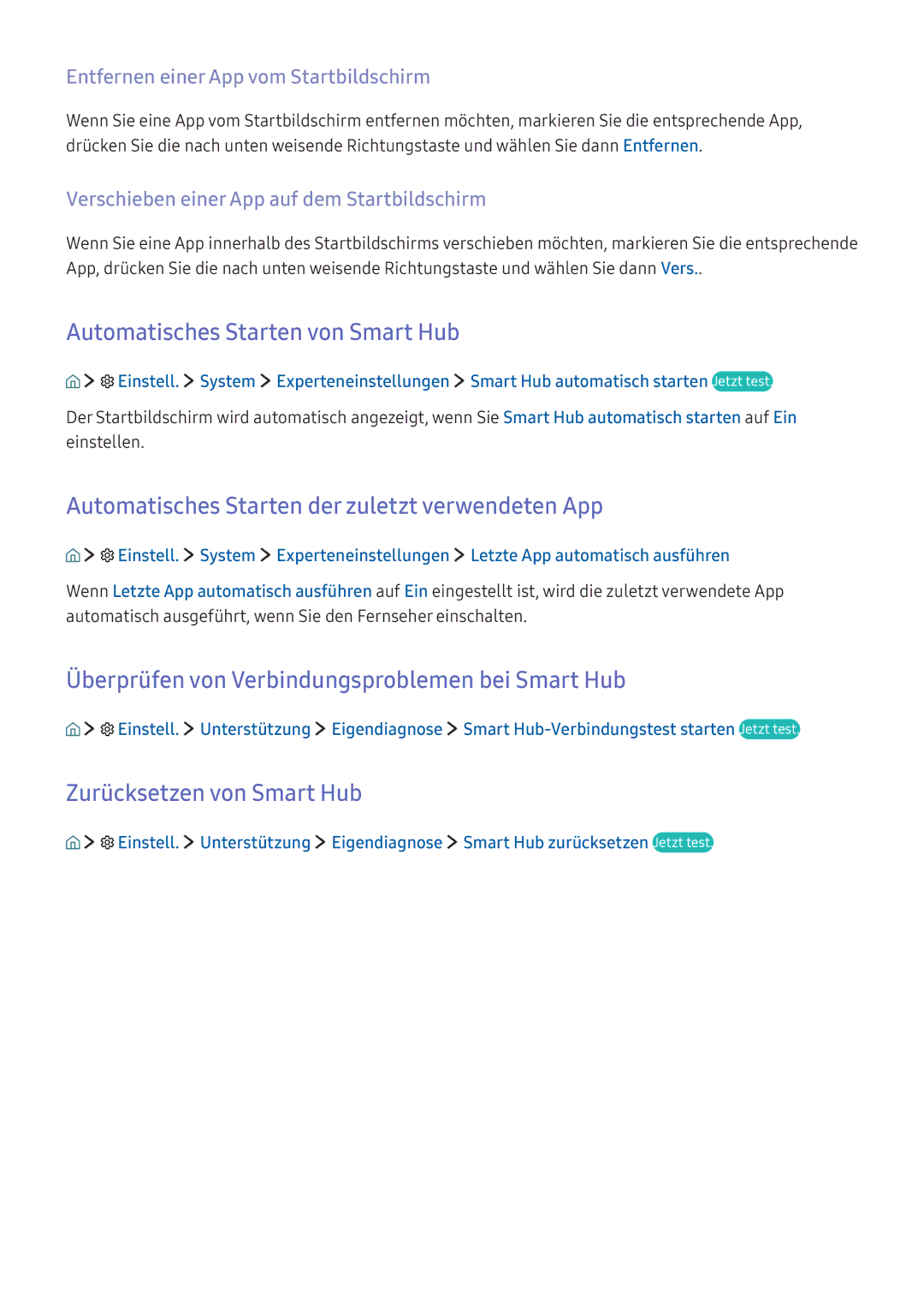 Samsung UE55K5500AWXXH manual Automatisches Starten von Smart Hub, Automatisches Starten der zuletzt verwendeten App 
