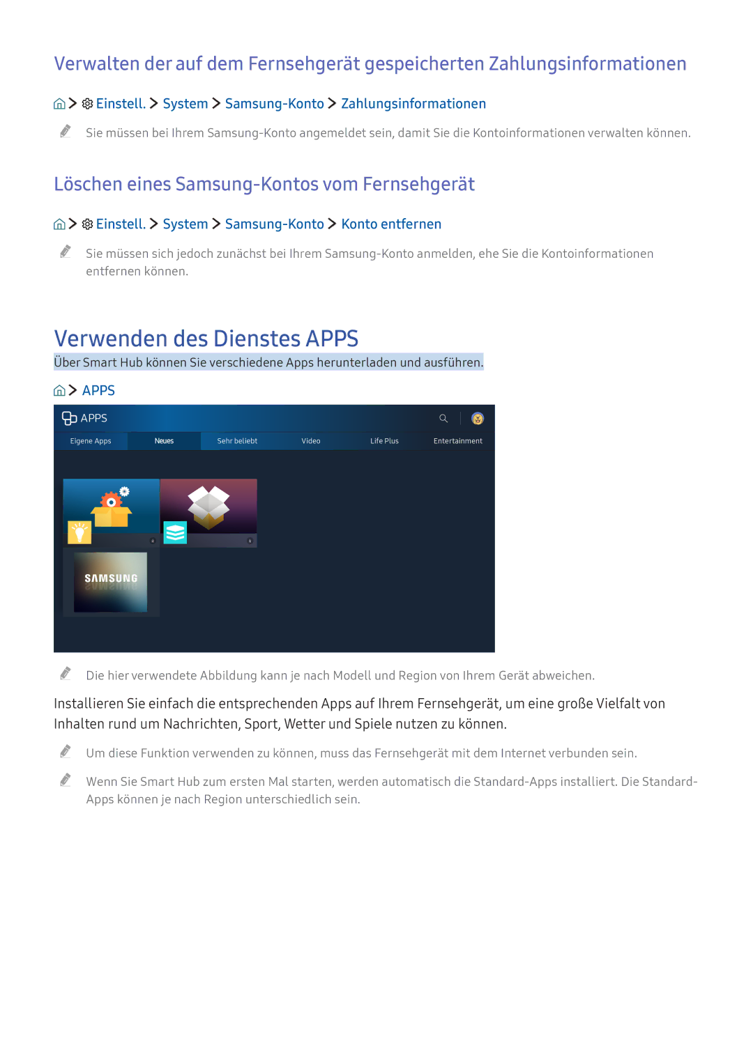 Samsung UE55K5572SUXXH, UE40K6379SUXZG manual Verwenden des Dienstes Apps, Löschen eines Samsung-Kontos vom Fernsehgerät 