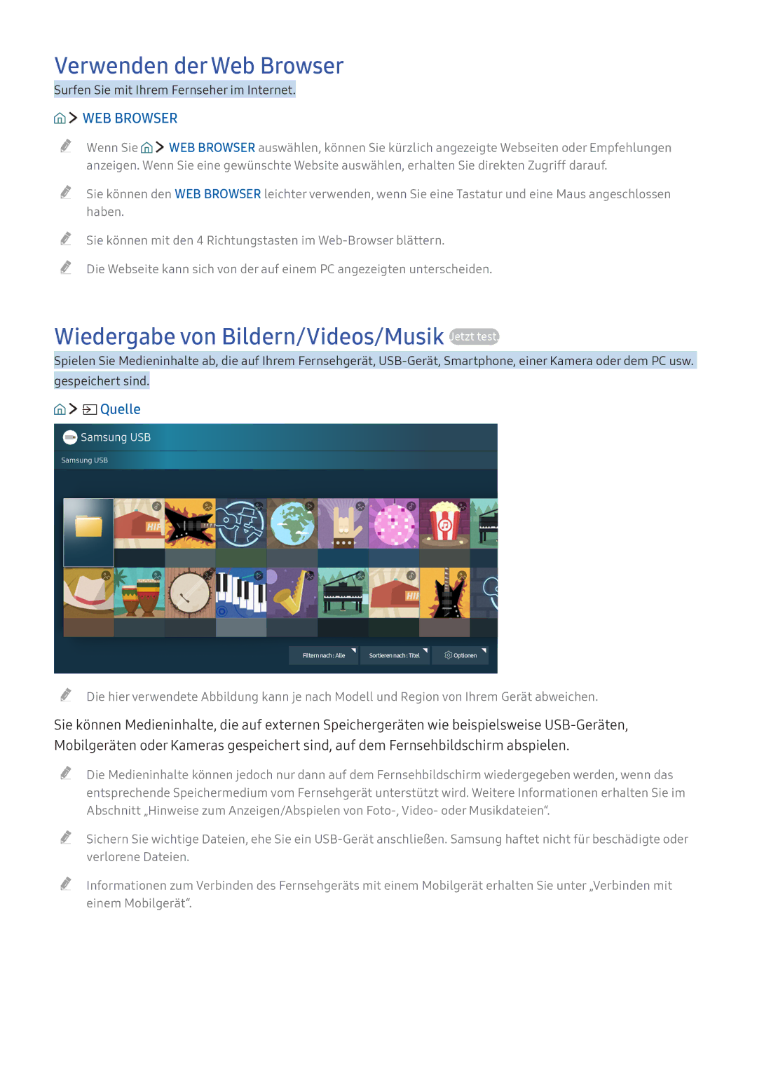 Samsung UE49K6370SUXZG, UE40K6379SUXZG manual Verwenden der Web Browser, Wiedergabe von Bildern/Videos/Musik Jetzt test 