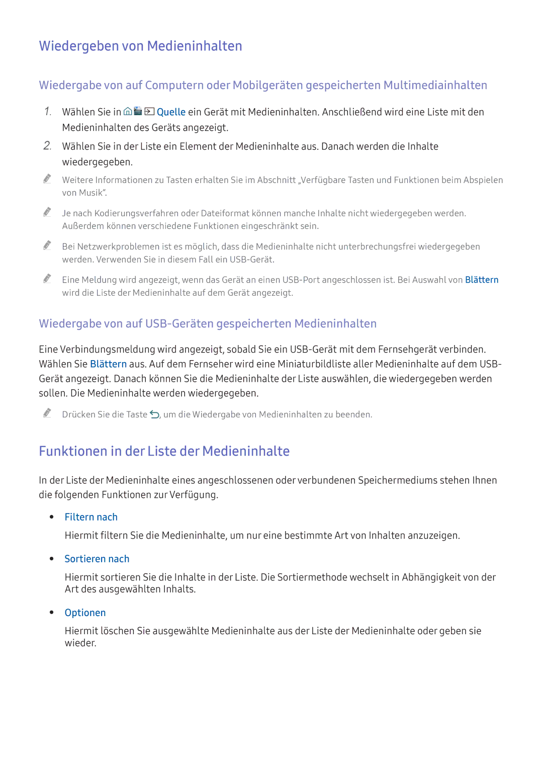 Samsung UE49K5572SUXXH, UE40K6379SUXZG manual Wiedergeben von Medieninhalten, Funktionen in der Liste der Medieninhalte 