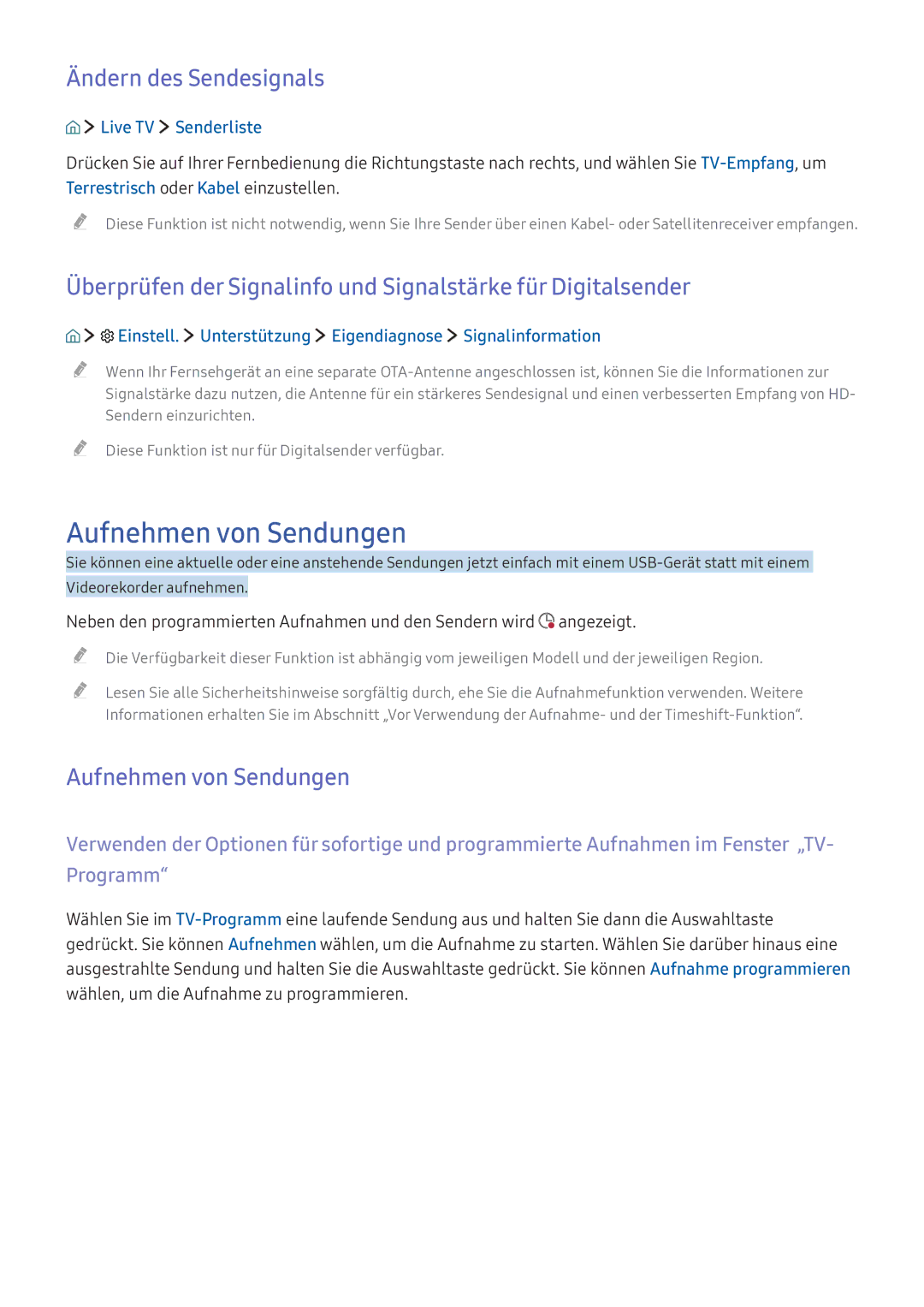 Samsung UE32K5500AWXXH, UE40K6379SUXZG manual Aufnehmen von Sendungen, Ändern des Sendesignals, Live TV Senderliste 