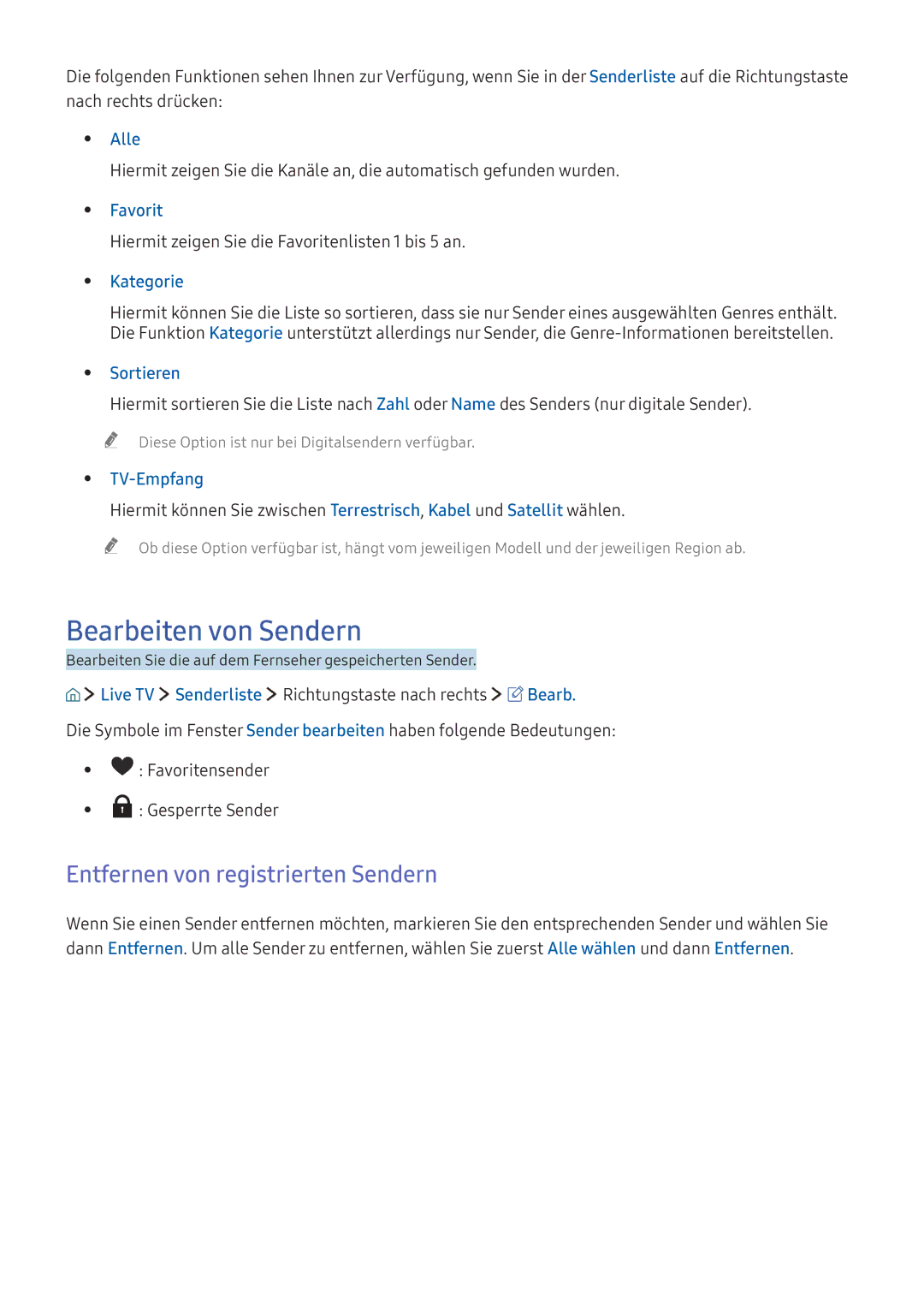 Samsung UE49K6300AWXXH, UE40K6379SUXZG, UE40K5659SUXZG manual Bearbeiten von Sendern, Entfernen von registrierten Sendern 