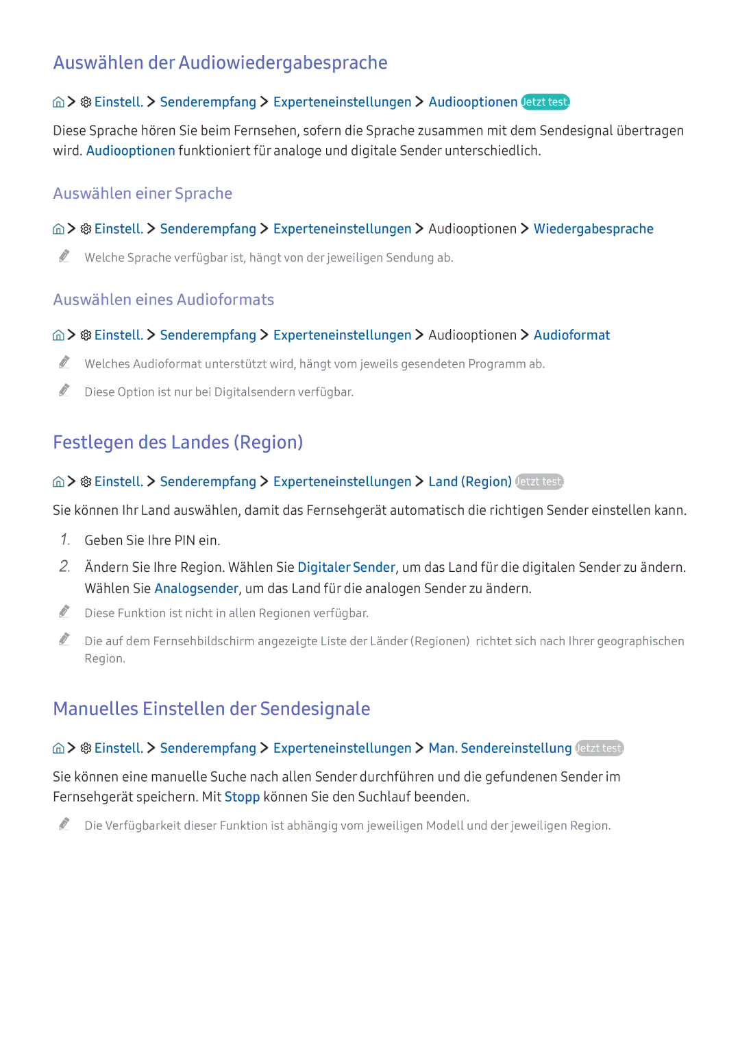 Samsung UE55K6300AKXZF manual Auswählen der Audiowiedergabesprache, Festlegen des Landes Region, Auswählen einer Sprache 