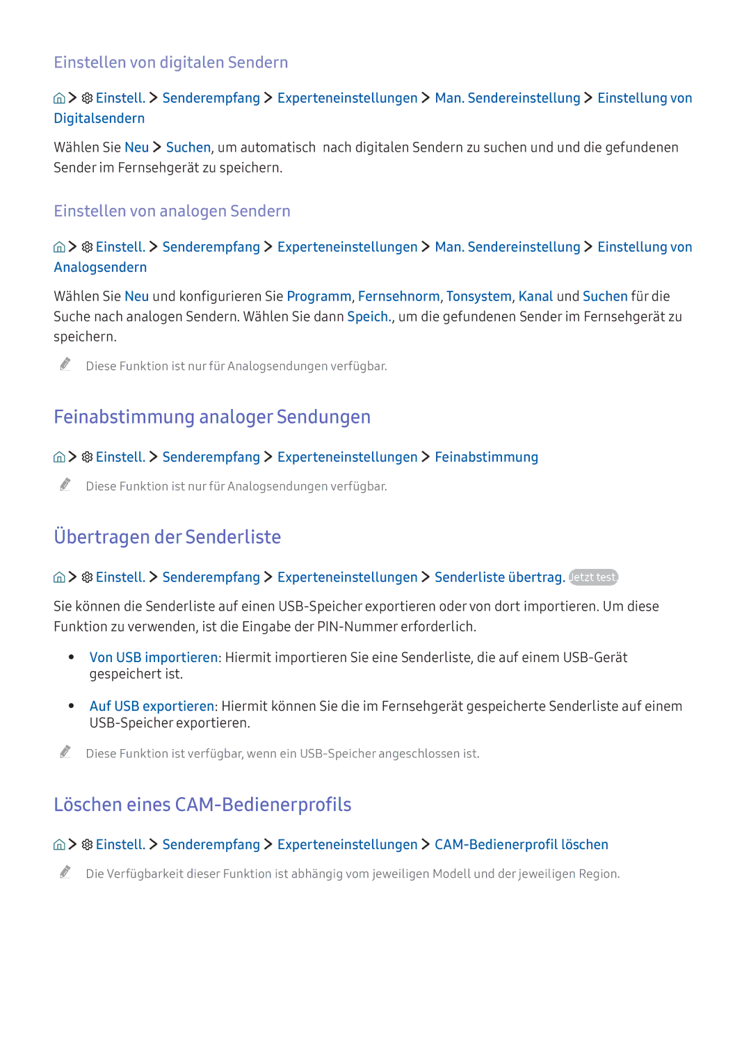 Samsung UE49K6300AKXZF Feinabstimmung analoger Sendungen, Übertragen der Senderliste, Löschen eines CAM-Bedienerprofils 