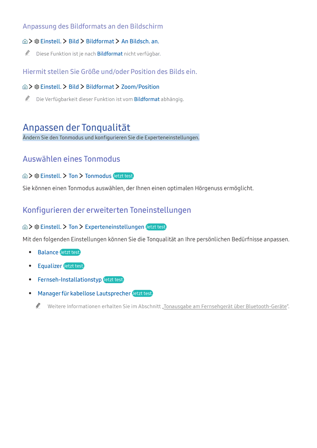 Samsung UE40K5510AKXZF Anpassen der Tonqualität, Auswählen eines Tonmodus, Konfigurieren der erweiterten Toneinstellungen 