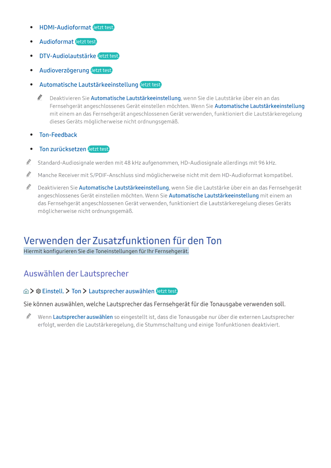 Samsung UE49K6370SUXZF, UE40K6379SUXZG manual Verwenden der Zusatzfunktionen für den Ton, Auswählen der Lautsprecher 