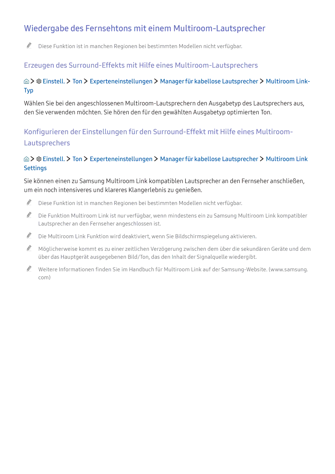 Samsung UE32K5600AKXZF, UE40K6379SUXZG, UE40K5659SUXZG manual Wiedergabe des Fernsehtons mit einem Multiroom-Lautsprecher 