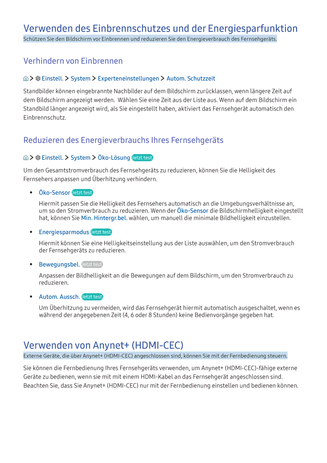 Samsung UE49K5500AKXZF manual Verwenden des Einbrennschutzes und der Energiesparfunktion, Verwenden von Anynet+ HDMI-CEC 