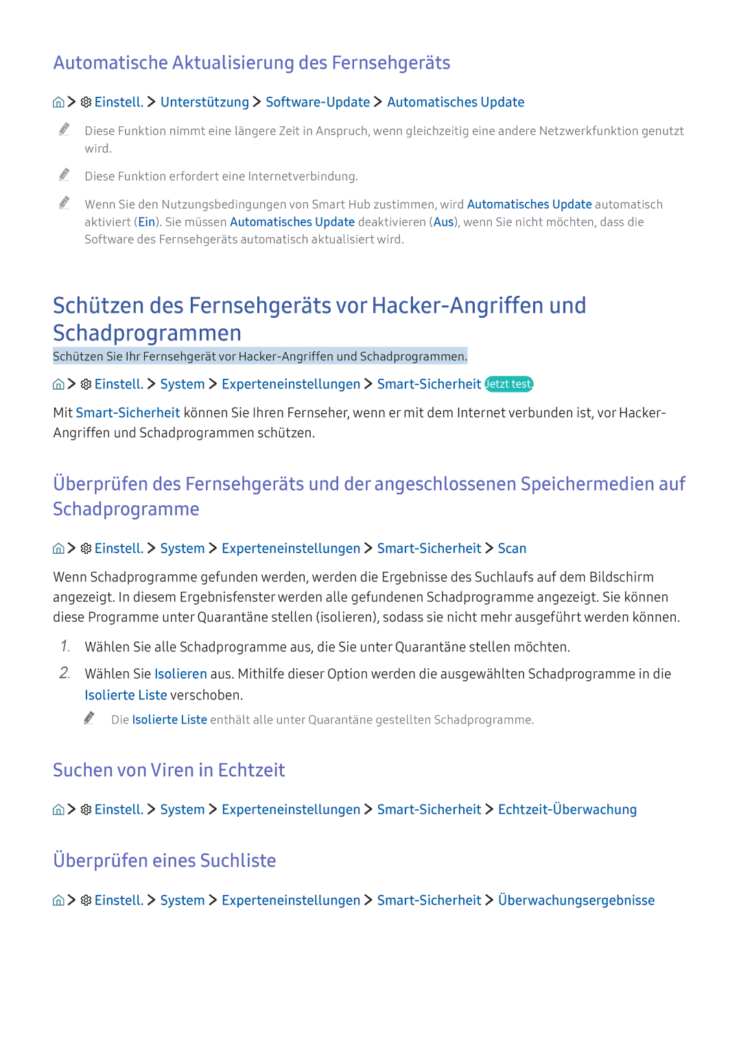 Samsung UE40K5659SUXZG, UE40K6379SUXZG manual Automatische Aktualisierung des Fernsehgeräts, Suchen von Viren in Echtzeit 