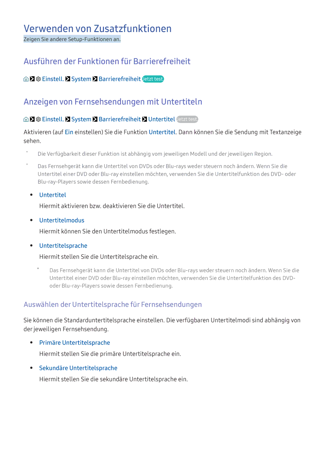 Samsung UE40K5579SUXZG, UE40K6379SUXZG manual Verwenden von Zusatzfunktionen, Ausführen der Funktionen für Barrierefreiheit 