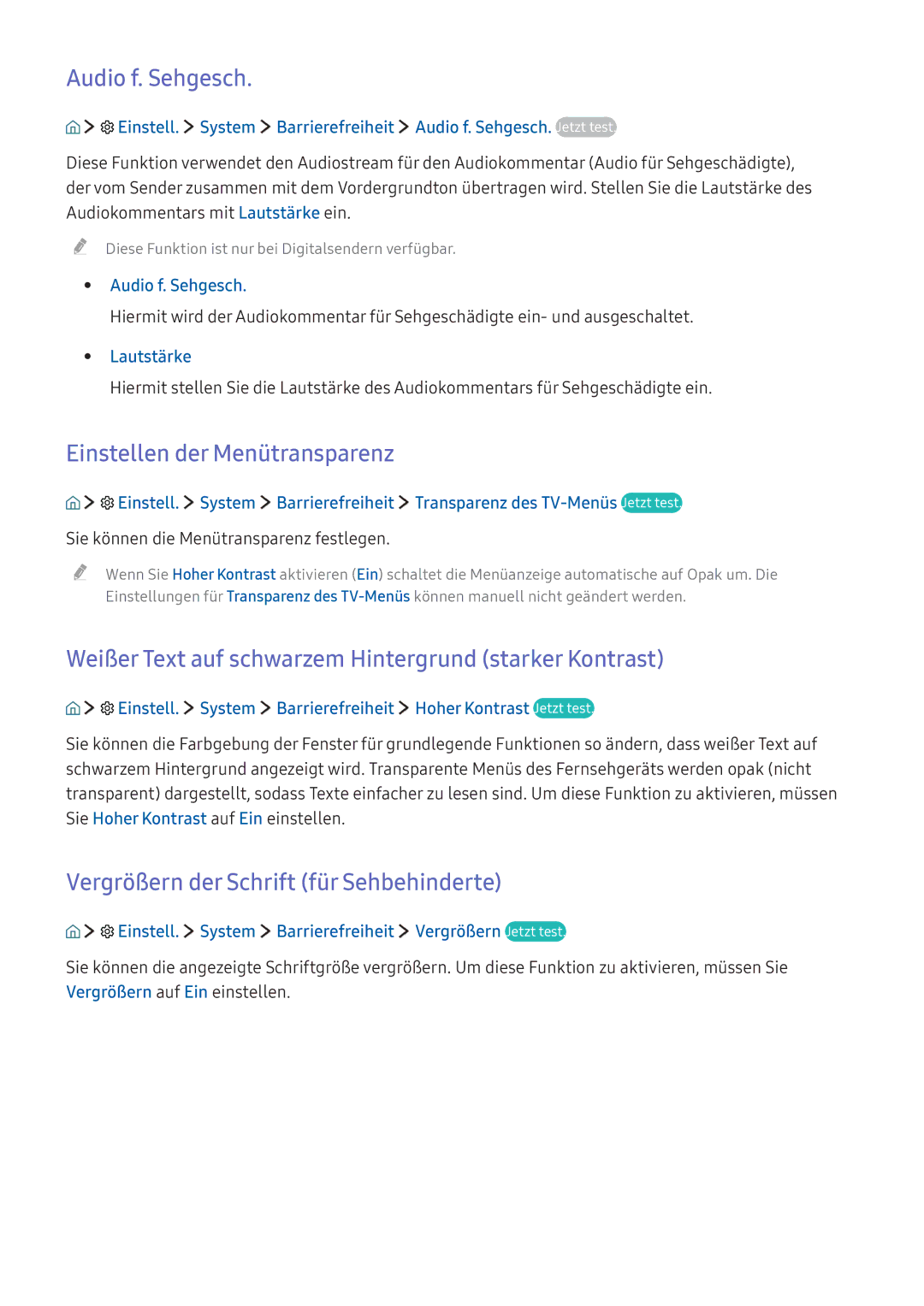 Samsung UE49K5589SUXZG manual Audio f. Sehgesch, Einstellen der Menütransparenz, Vergrößern der Schrift für Sehbehinderte 