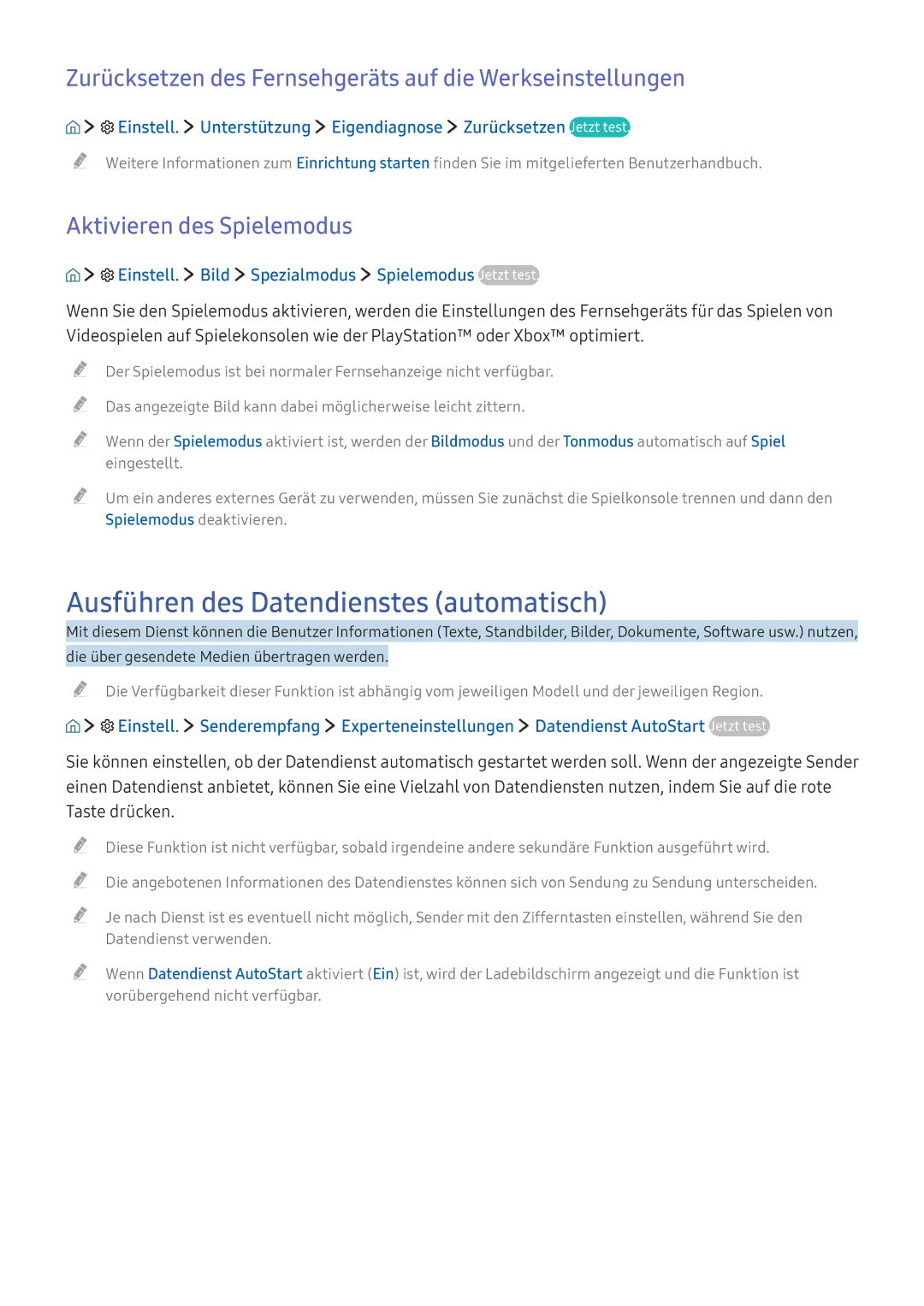 Samsung UE55K5659SUXZG Ausführen des Datendienstes automatisch, Zurücksetzen des Fernsehgeräts auf die Werkseinstellungen 