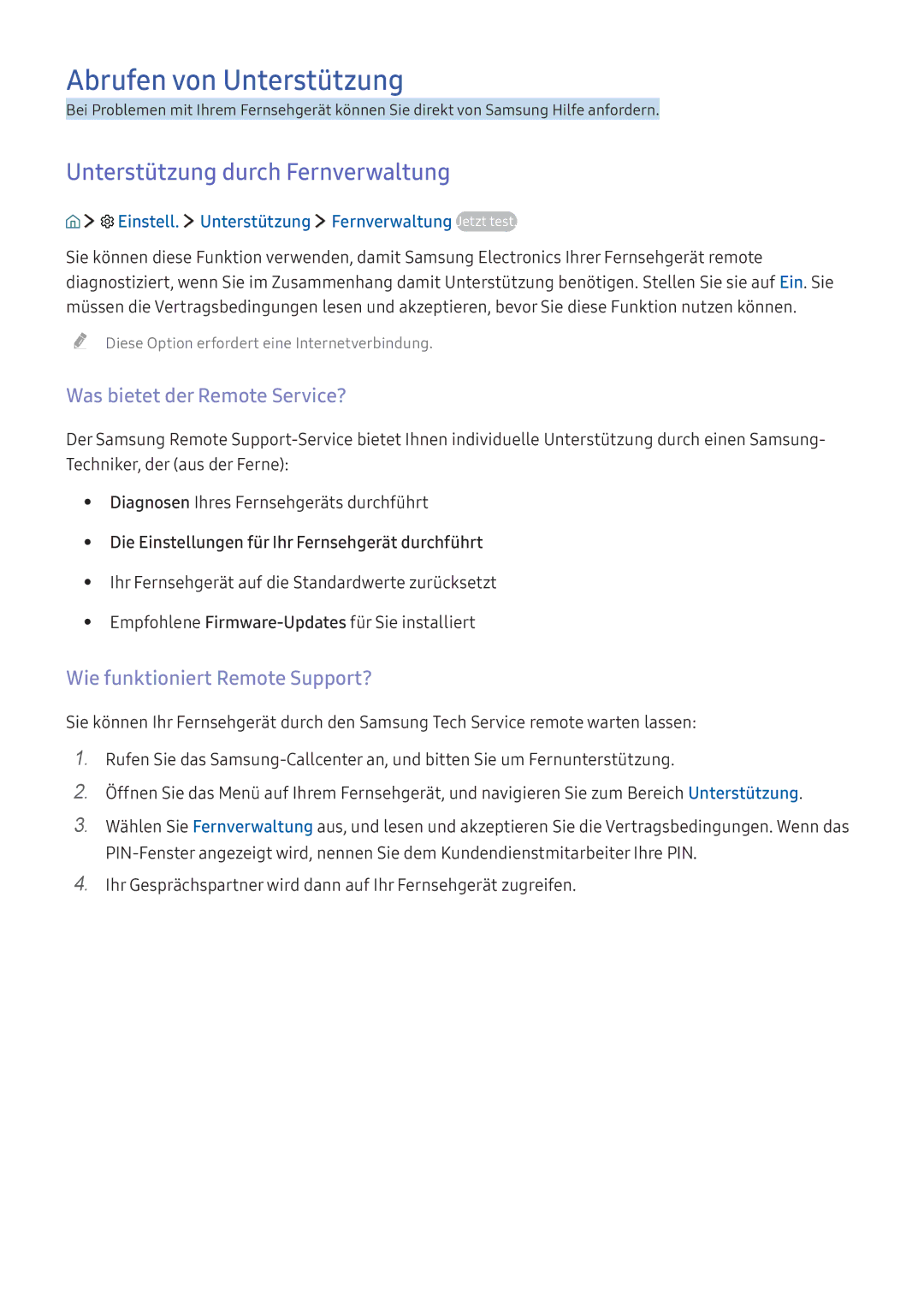 Samsung UE55K5679SUXZG manual Abrufen von Unterstützung, Unterstützung durch Fernverwaltung, Was bietet der Remote Service? 