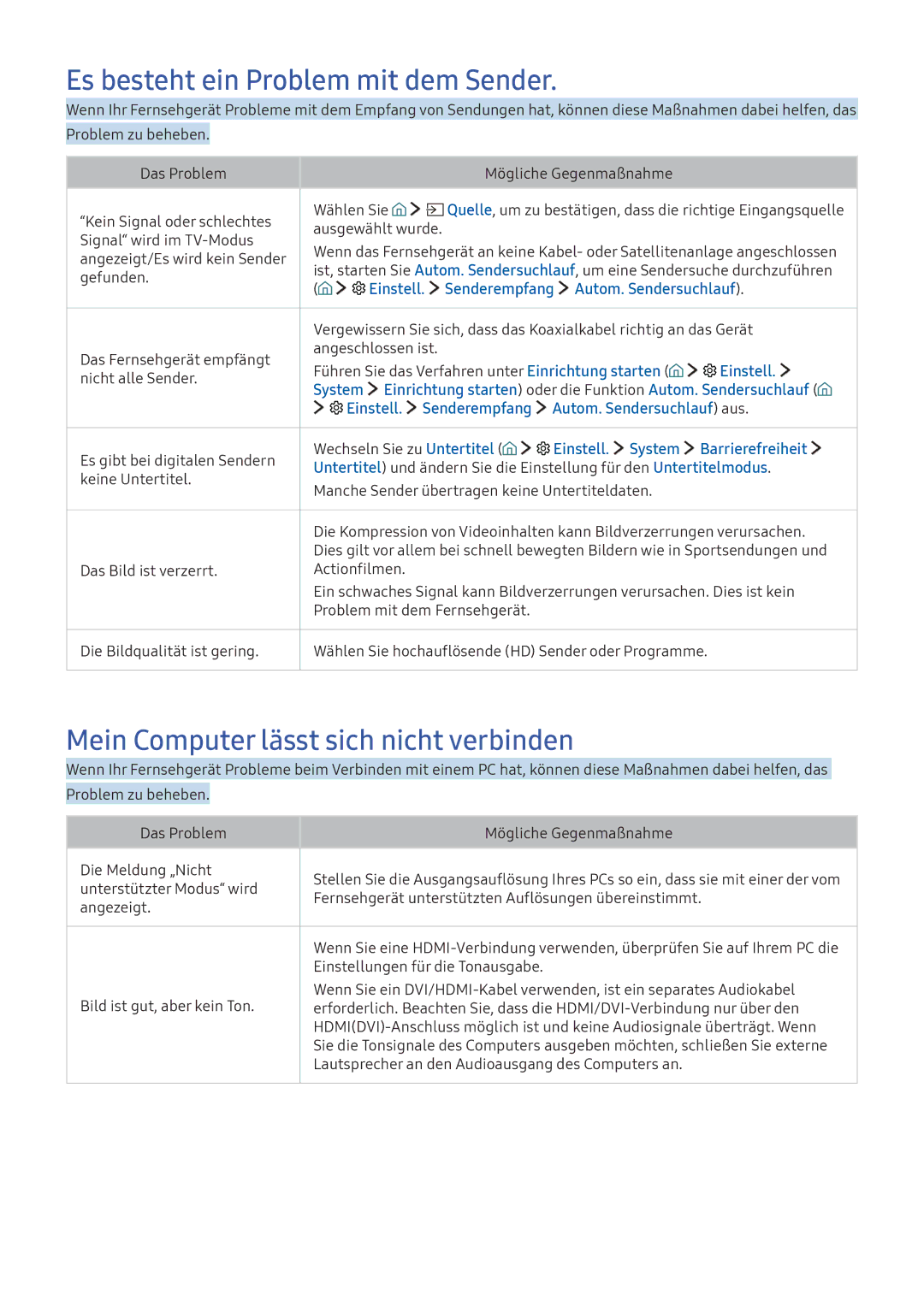 Samsung UE49K6379SUXZG, UE40K6379SUXZG Es besteht ein Problem mit dem Sender, Mein Computer lässt sich nicht verbinden 