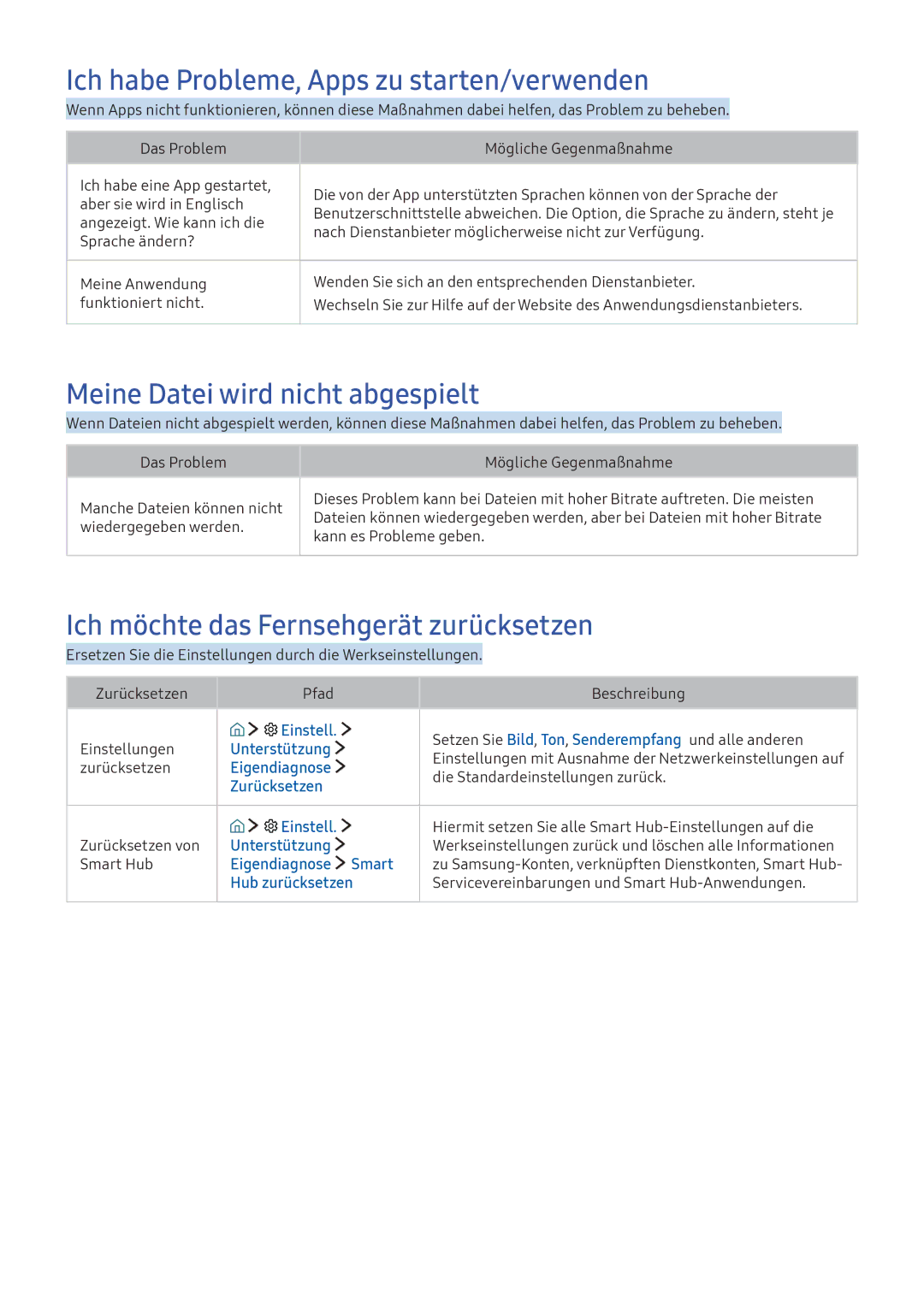 Samsung UE55K5570SUXZG, UE40K6379SUXZG Ich habe Probleme, Apps zu starten/verwenden, Meine Datei wird nicht abgespielt 