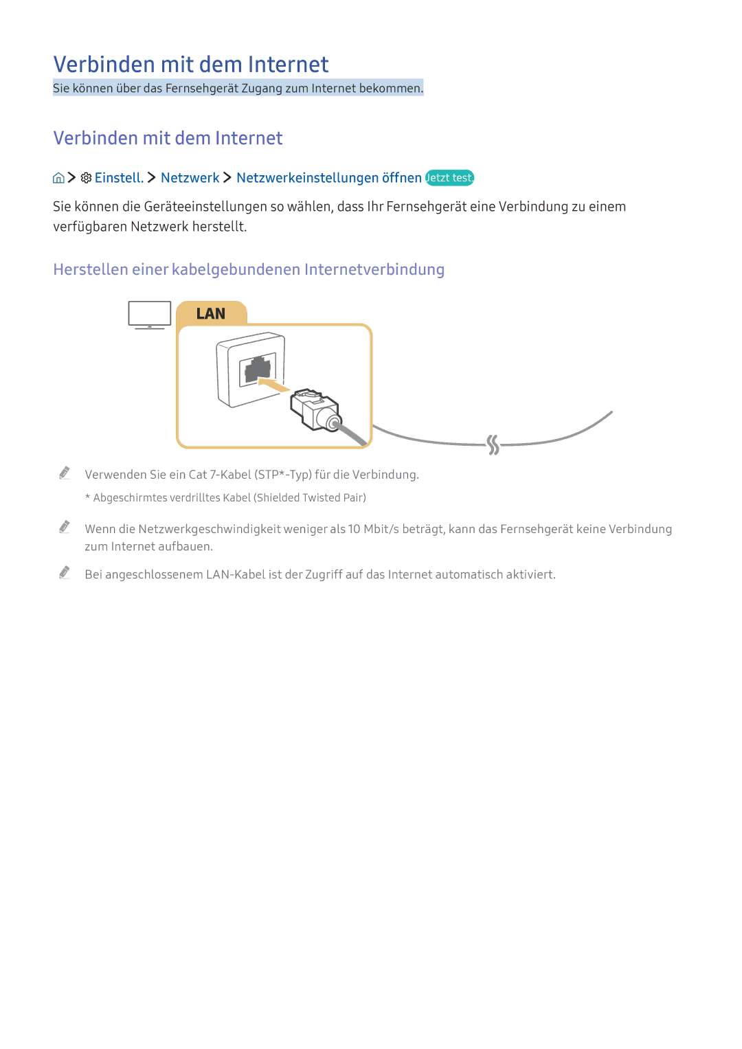 Samsung UE32K5679SUXZG, UE40K6379SUXZG Verbinden mit dem Internet, Herstellen einer kabelgebundenen Internetverbindung 