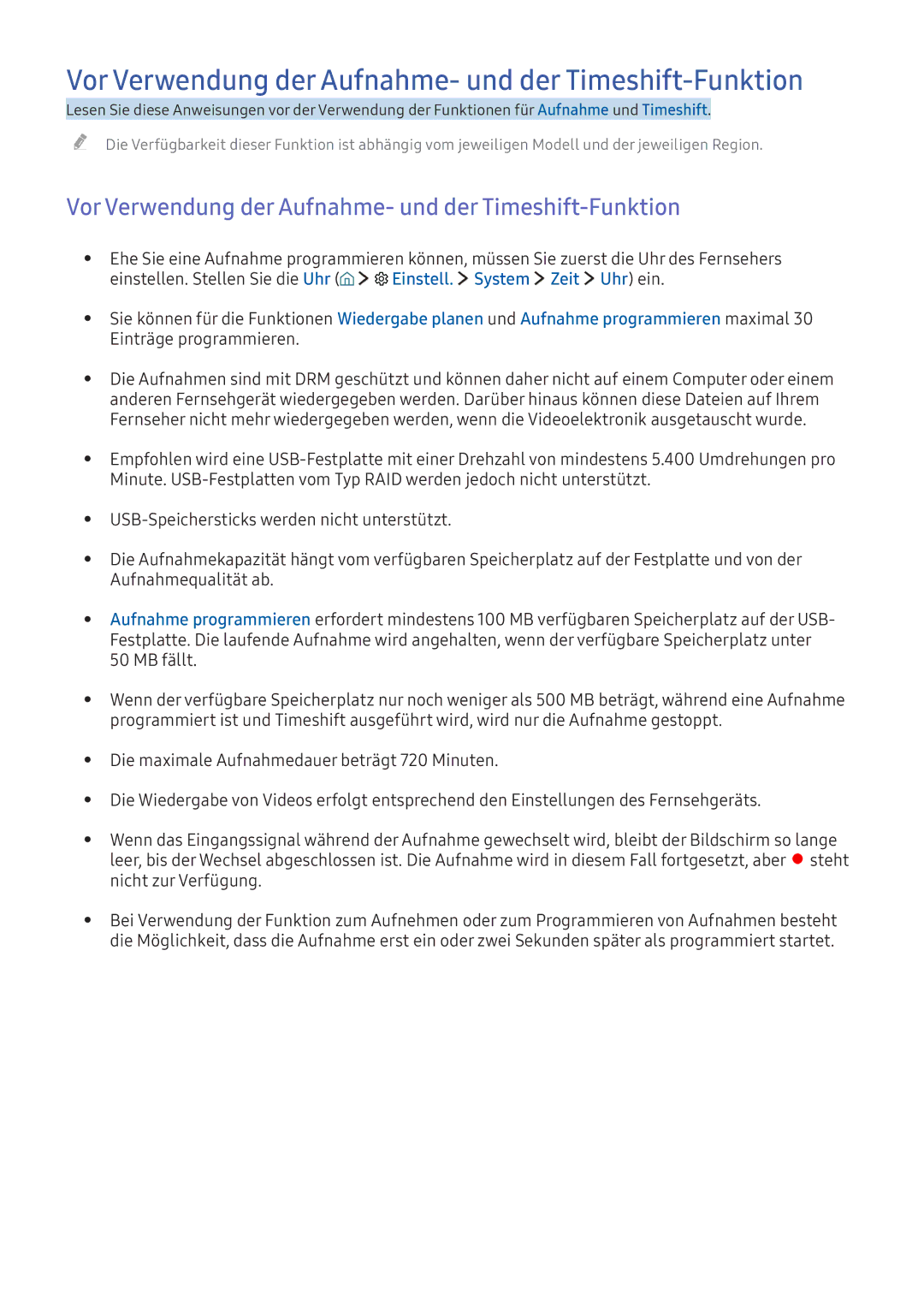 Samsung UE40K6300AKXXC manual Vor Verwendung der Aufnahme- und der Timeshift-Funktion, Einstell. System Zeit Uhr ein 