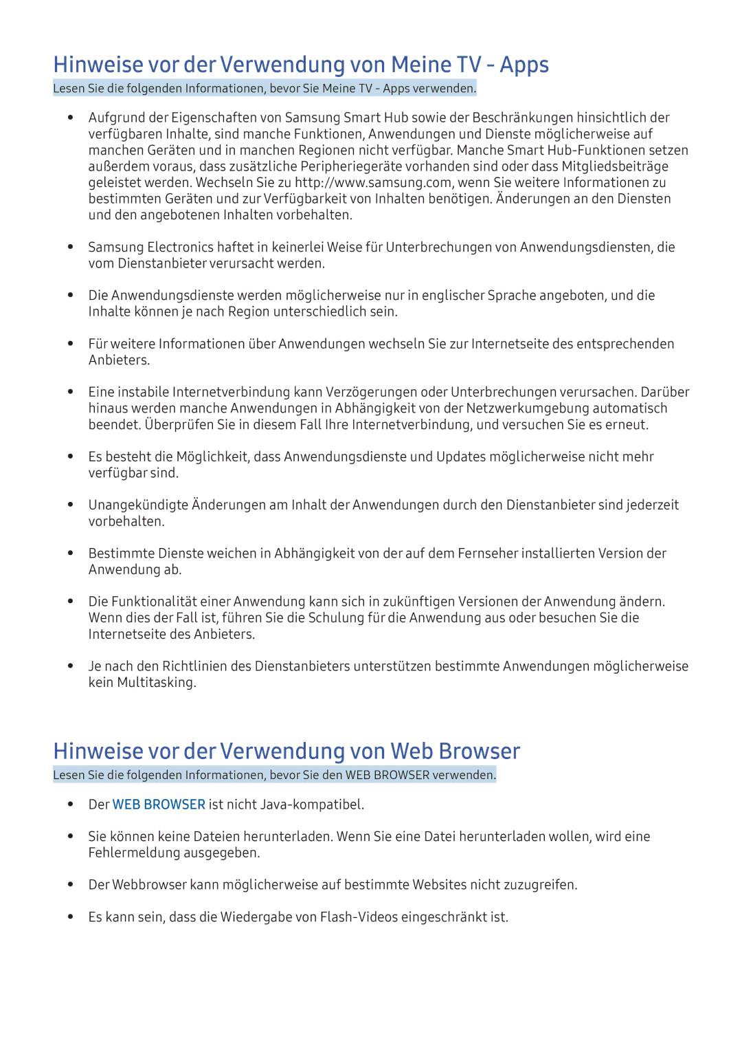 Samsung UE55K5500AWXXH manual Hinweise vor der Verwendung von Meine TV Apps, Hinweise vor der Verwendung von Web Browser 