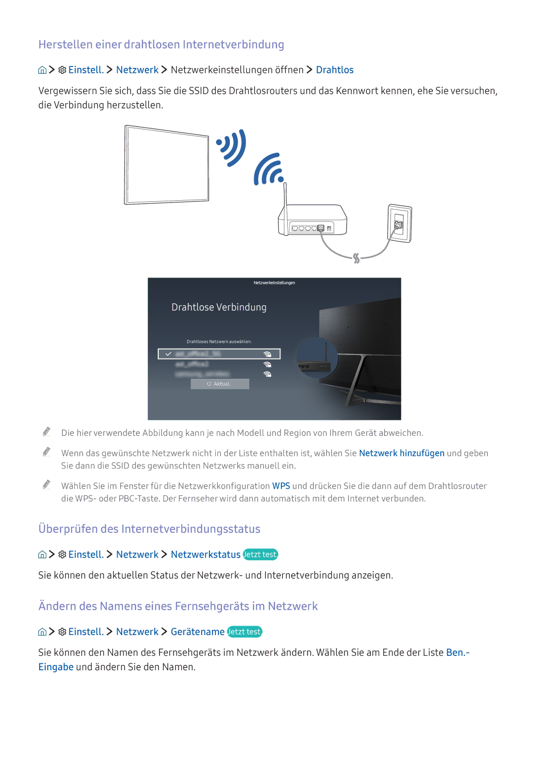 Samsung UE32K5579SUXZG manual Herstellen einer drahtlosen Internetverbindung, Überprüfen des Internetverbindungsstatus 