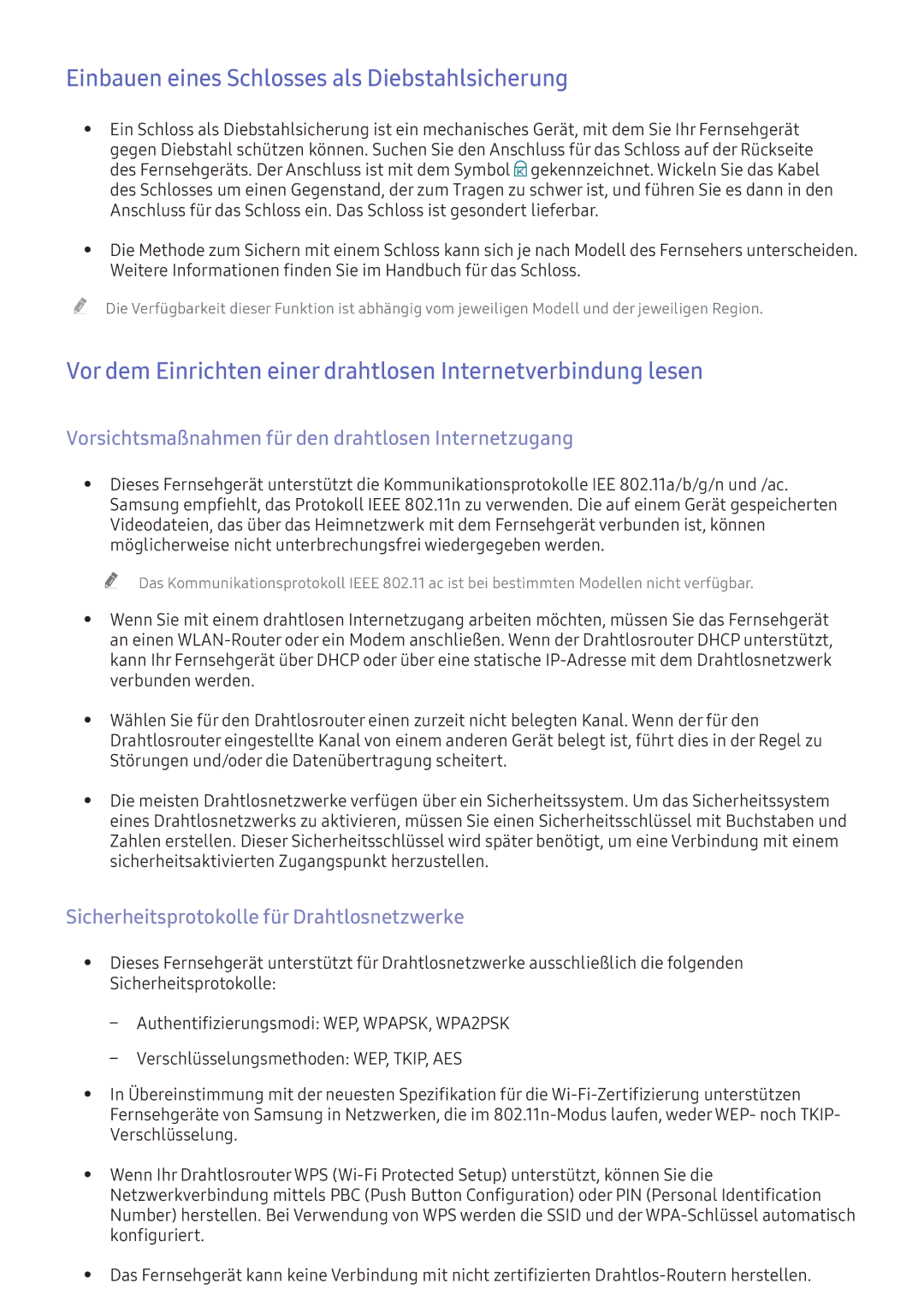 Samsung UE49K5500AWXXH manual Einbauen eines Schlosses als Diebstahlsicherung, Sicherheitsprotokolle für Drahtlosnetzwerke 