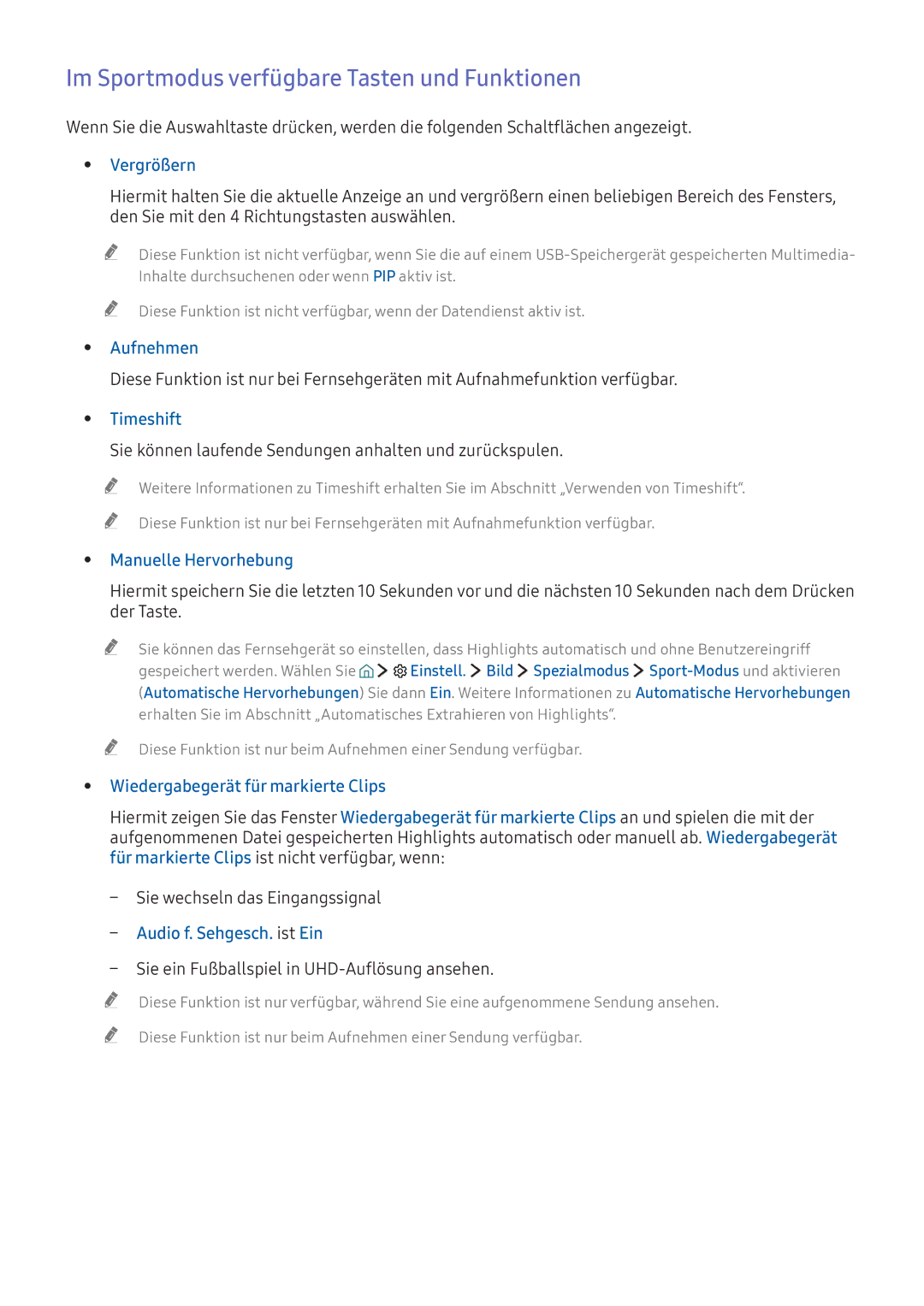 Samsung UE49K6370SSXXH, UE40K6379SUXZG, UE40K5659SUXZG, UE40K5579SUXZG manual Im Sportmodus verfügbare Tasten und Funktionen 