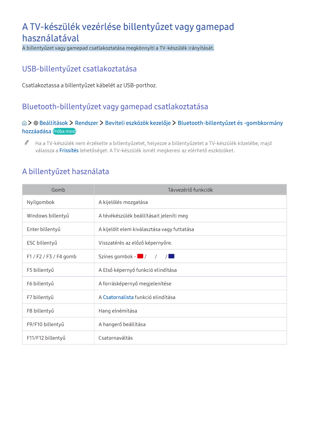 Samsung UE49K5510AWXXH manual USB-billentyűzet csatlakoztatása, Bluetooth-billentyűzet vagy gamepad csatlakoztatása 