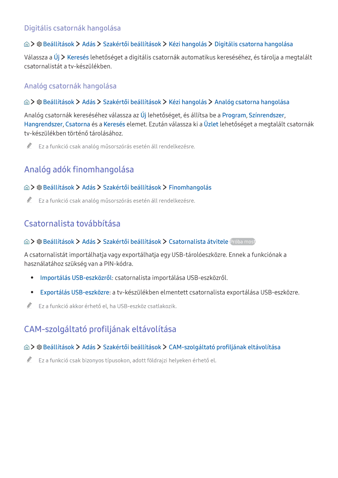 Samsung UE49K6300AKXZF Analóg adók finomhangolása, Csatornalista továbbítása, CAM-szolgáltató profiljának eltávolítása 