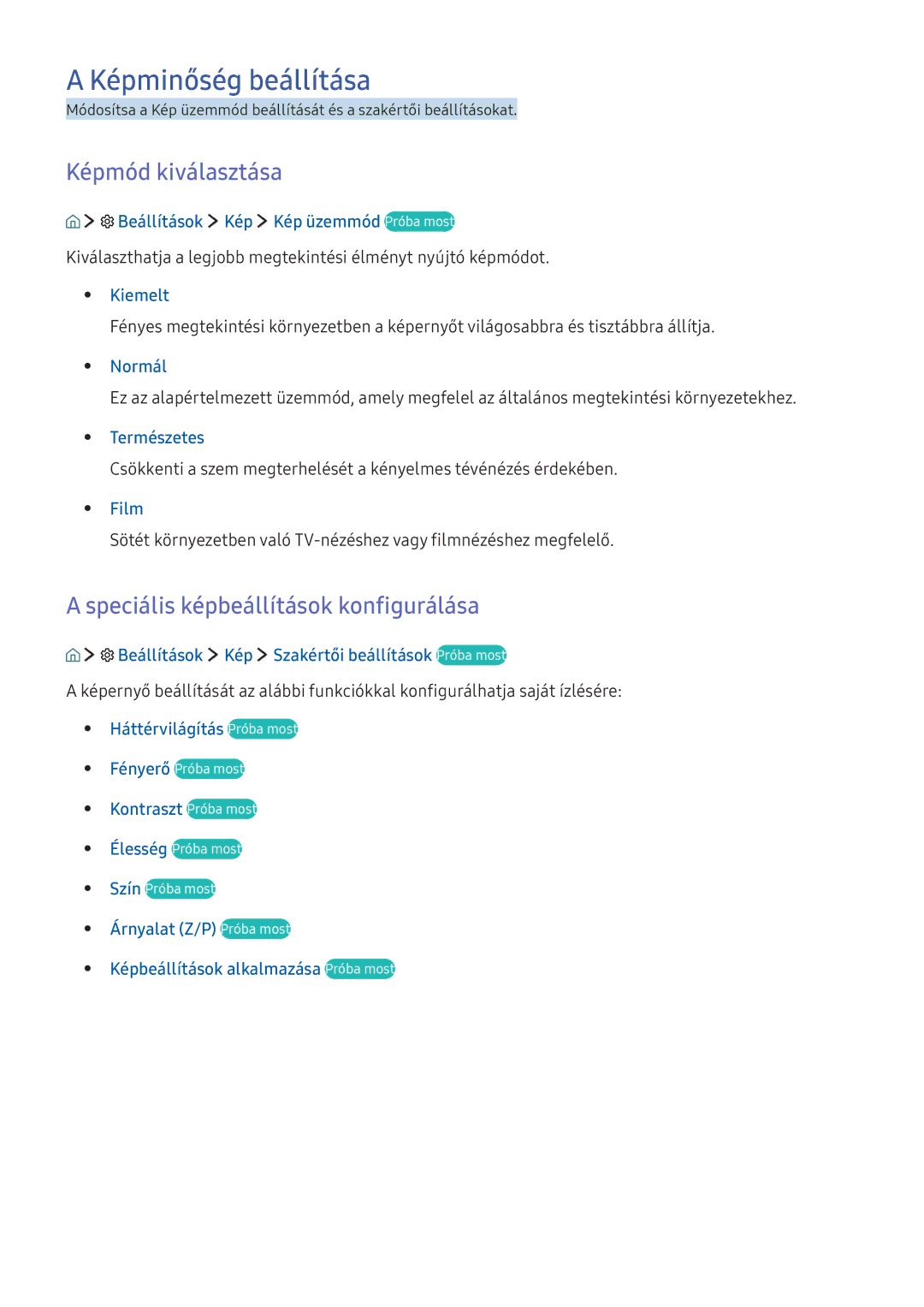 Samsung UE49K5600AKXZF, UE40K6379SUXZG Képminőség beállítása, Képmód kiválasztása, Speciális képbeállítások konfigurálása 