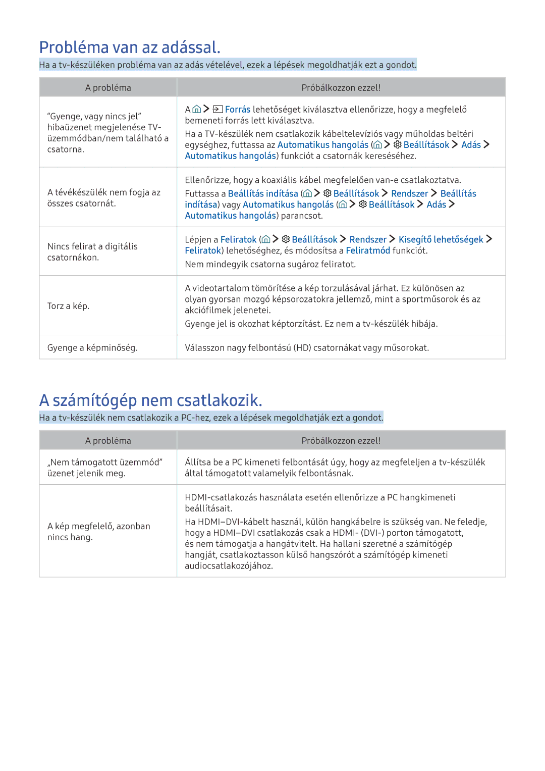 Samsung UE40K5500AKXZT, UE40K6379SUXZG manual Probléma van az adással, Számítógép nem csatlakozik, Beállítások Adás 