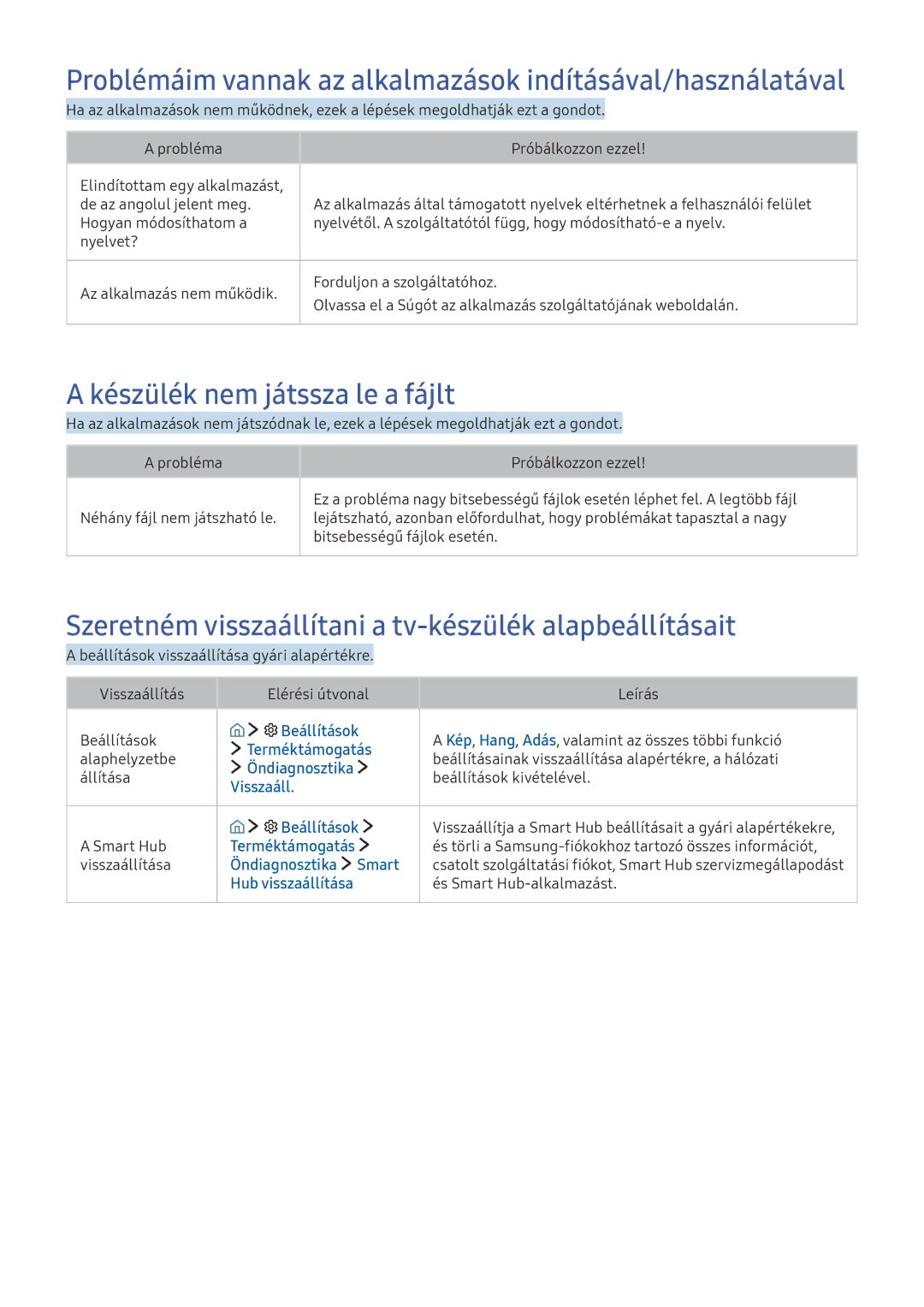 Samsung UE49K5502AKXXH manual Problémáim vannak az alkalmazások indításával/használatával, Készülék nem játssza le a fájlt 