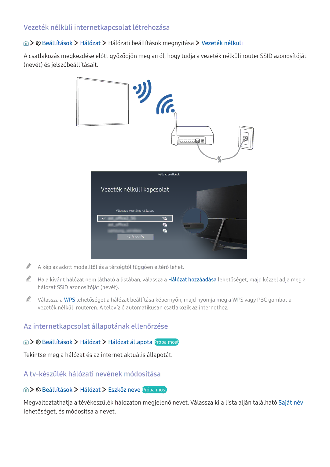 Samsung UE32K5579SUXZG manual Vezeték nélküli internetkapcsolat létrehozása, Az internetkapcsolat állapotának ellenőrzése 