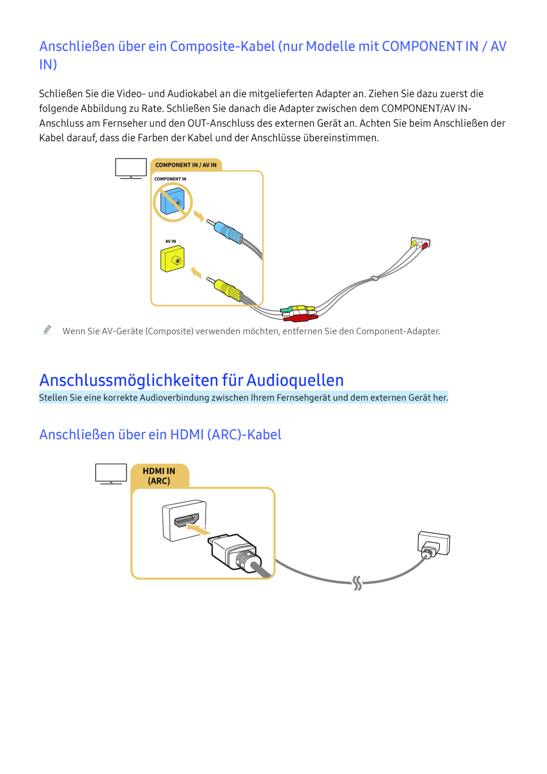 Samsung UE55K6379SUXZG, UE40K6379SUXZG manual Anschlussmöglichkeiten für Audioquellen, Anschließen über ein HDMI ARC-Kabel 