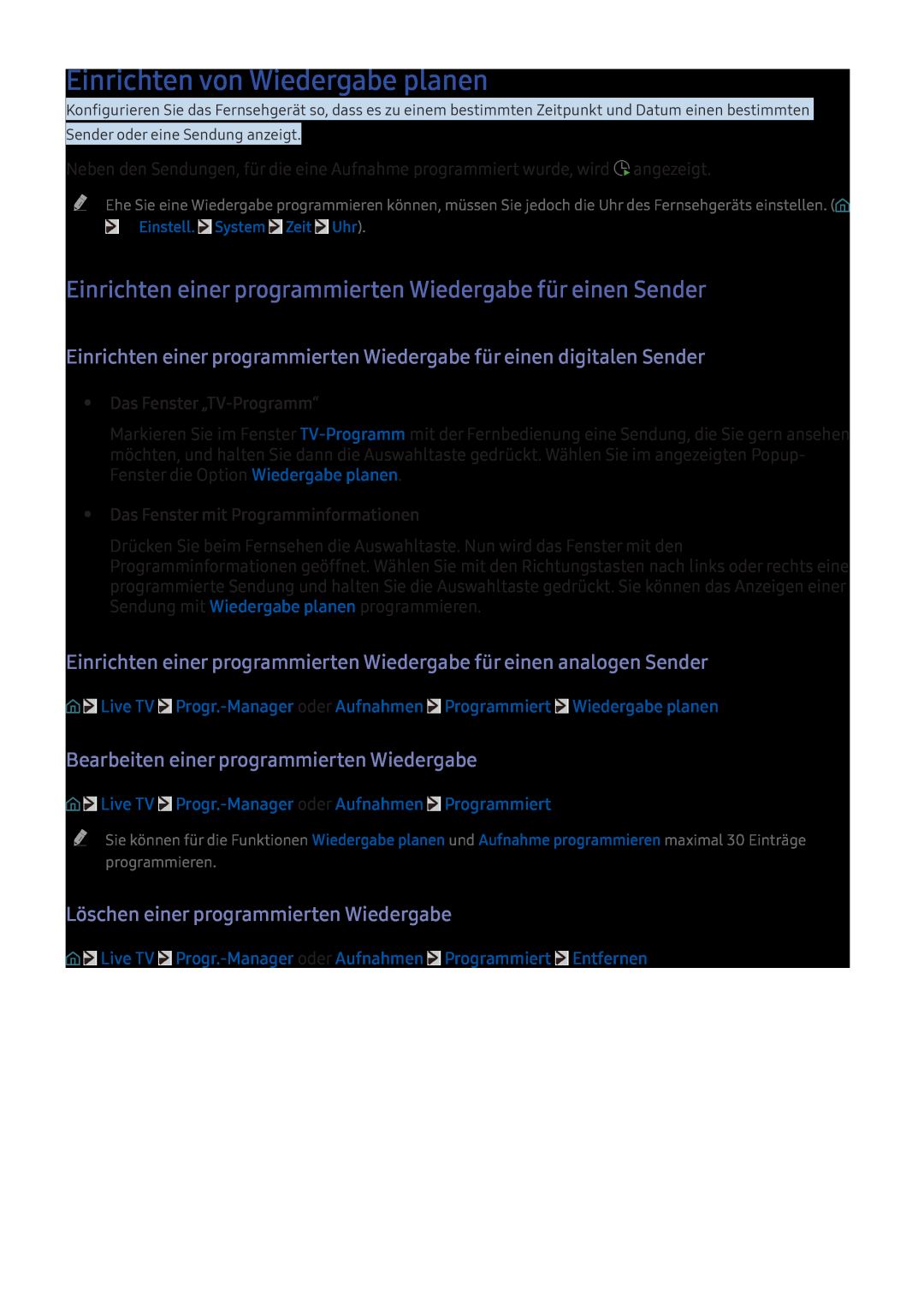 Samsung UE40K6300AWXXH manual Einrichten von Wiedergabe planen, Einrichten einer programmierten Wiedergabe für einen Sender 