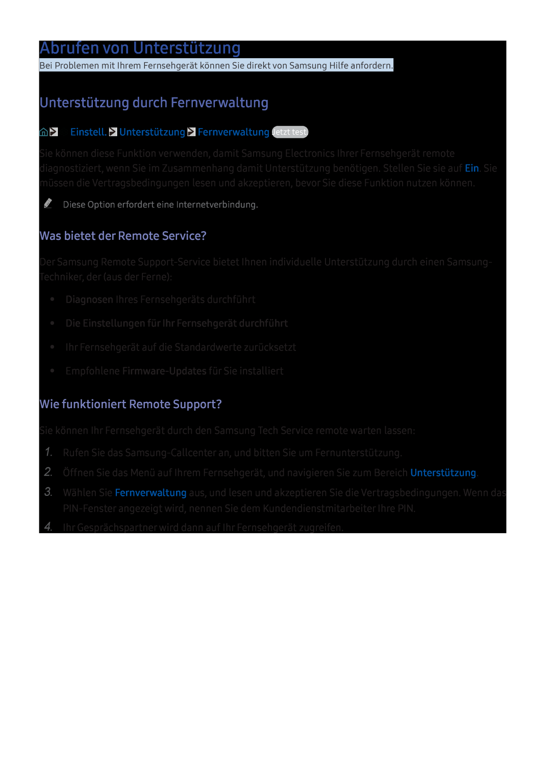 Samsung UE55K5679SUXZG manual Abrufen von Unterstützung, Unterstützung durch Fernverwaltung, Was bietet der Remote Service? 
