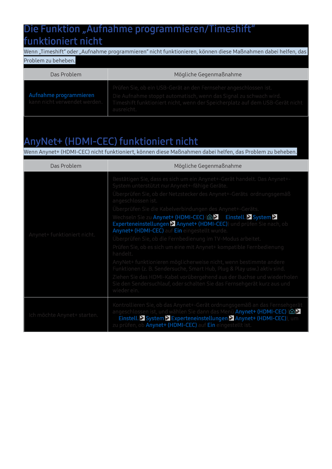 Samsung UE32K5572SUXXH manual Die Funktion „Aufnahme programmieren/Timeshift“ funktioniert nicht, Einstell. System 