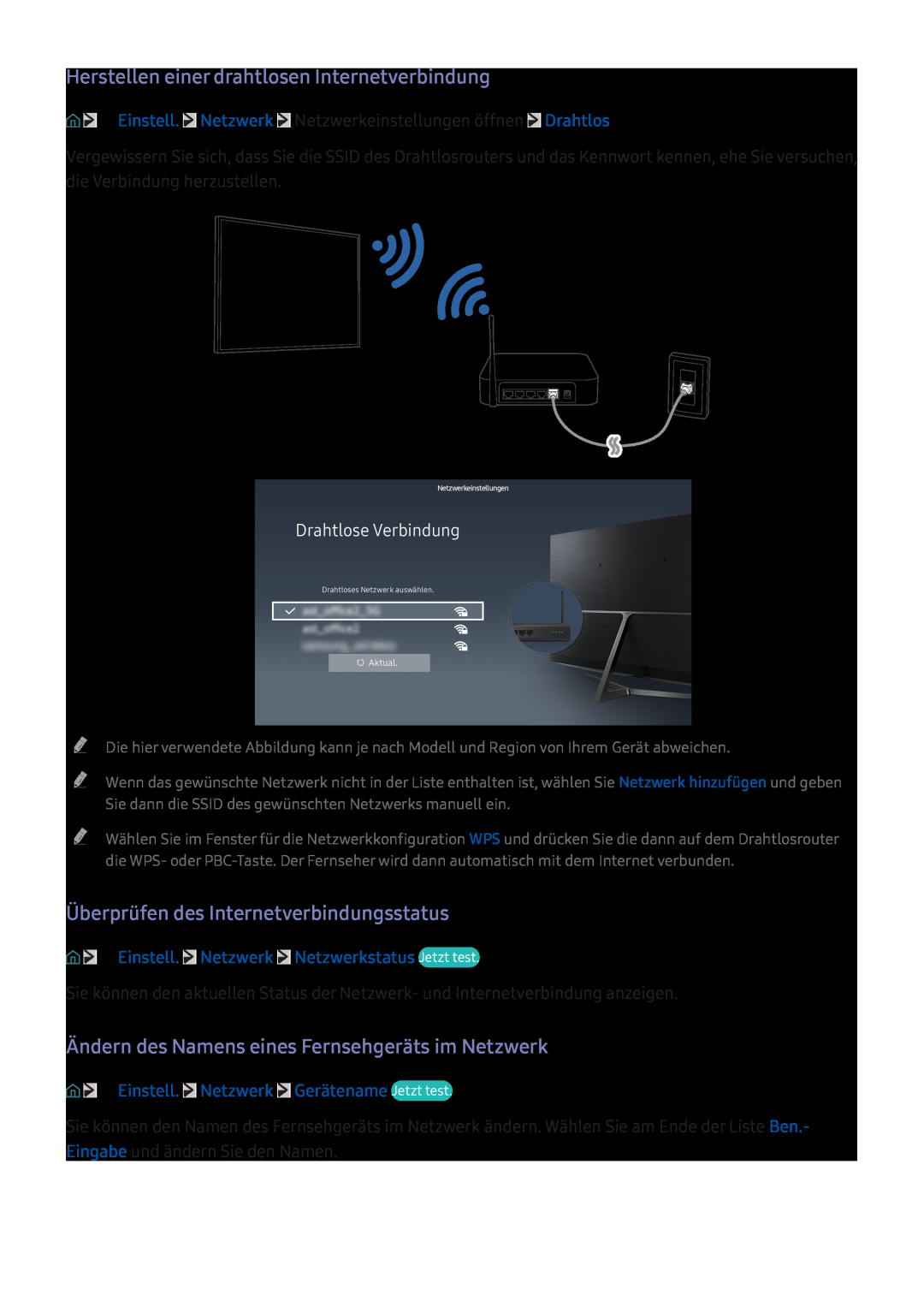 Samsung UE32K5579SUXZG manual Herstellen einer drahtlosen Internetverbindung, Überprüfen des Internetverbindungsstatus 