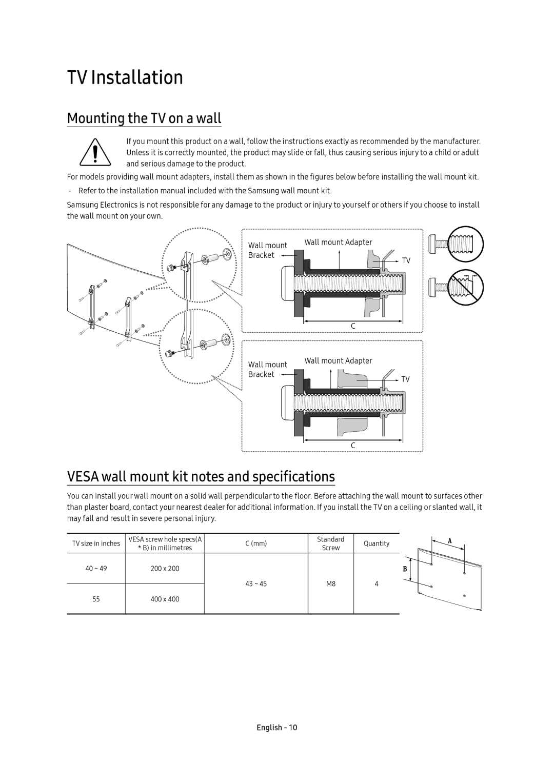 Samsung UE40K6379SUXZG manual TV Installation, Mounting the TV on a wall, Vesa wall mount kit notes and specifications 