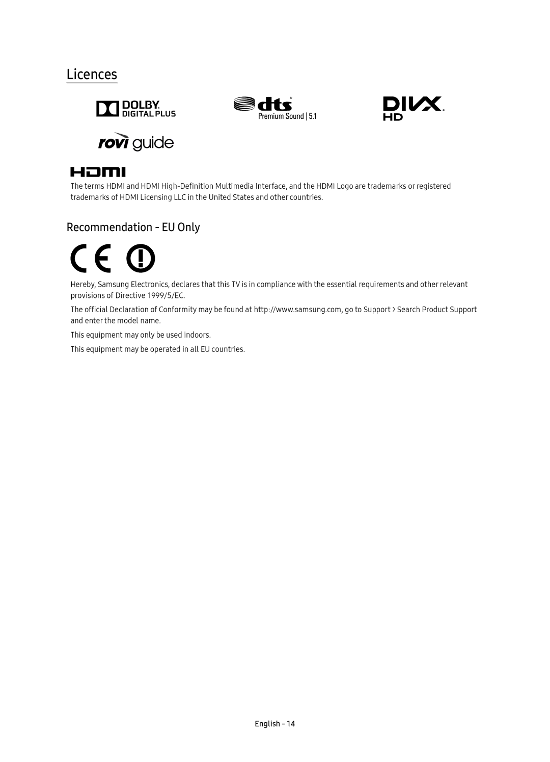 Samsung UE49K6370SUXZG, UE40K6379SUXZG, UE55K6379SUXZG, UE49K6379SUXZG, UE40K6370SUXZG manual Licences, Recommendation EU Only 