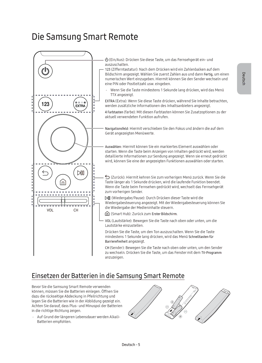 Samsung UE49K6370SUXXC, UE40K6379SUXZG manual Die Samsung Smart Remote, Einsetzen der Batterien in die Samsung Smart Remote 