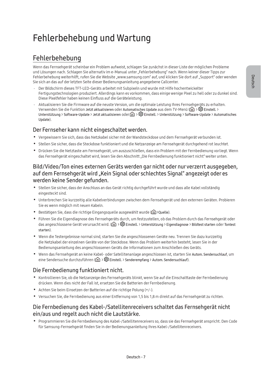 Samsung UE55K6379SUXZG, UE40K6379SUXZG manual Fehlerbehebung und Wartung, Der Fernseher kann nicht eingeschaltet werden 