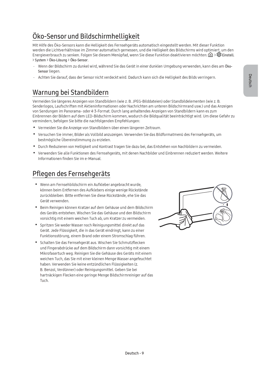 Samsung UE40K6370SUXZG manual Öko-Sensor und Bildschirmhelligkeit, Warnung bei Standbildern, Pflegen des Fernsehgeräts 